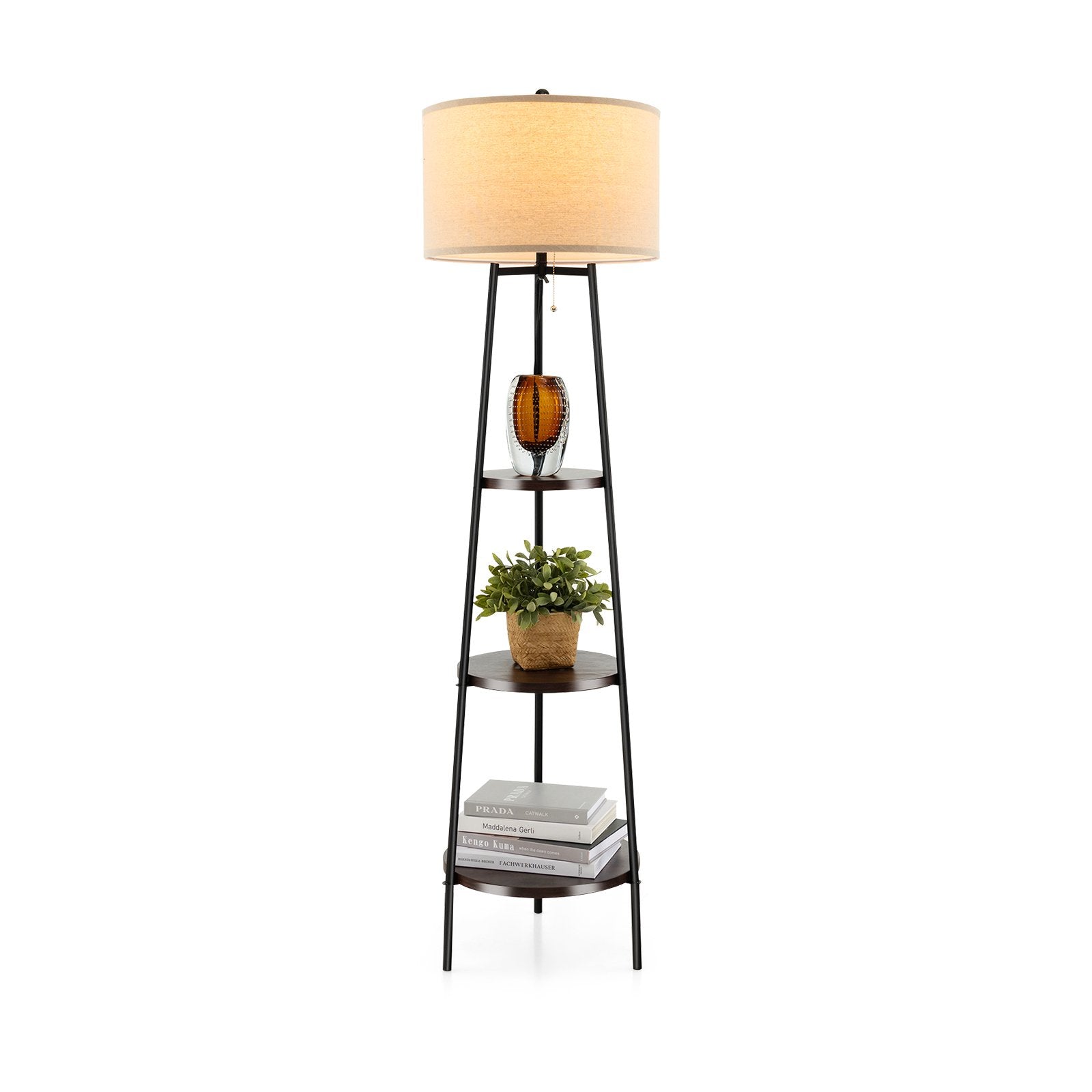 Shelf Floor Lamp with Storage Shelves and Linen Lampshade, Black Table & Floor Lamps   at Gallery Canada