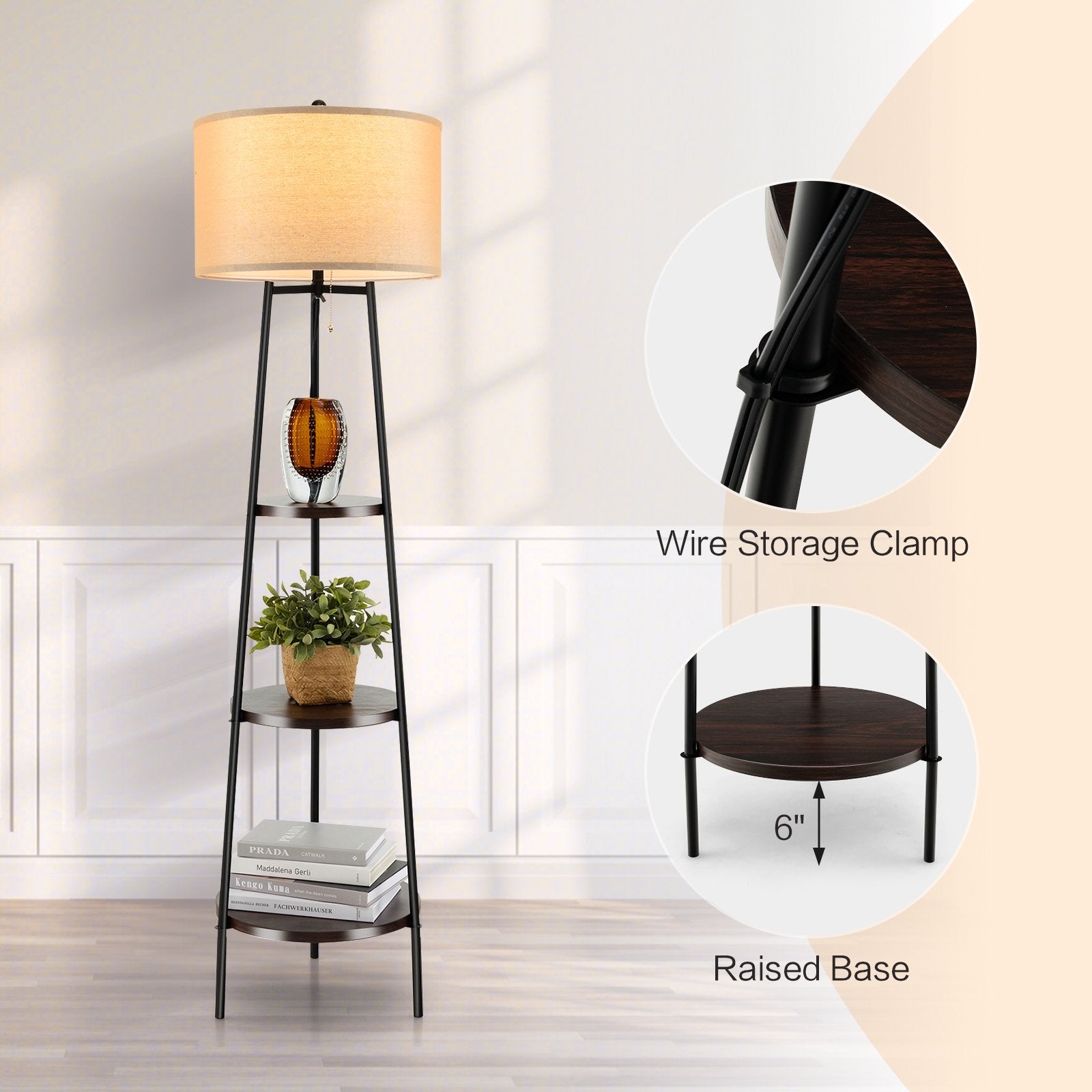 Shelf Floor Lamp with Storage Shelves and Linen Lampshade, Black Table & Floor Lamps   at Gallery Canada