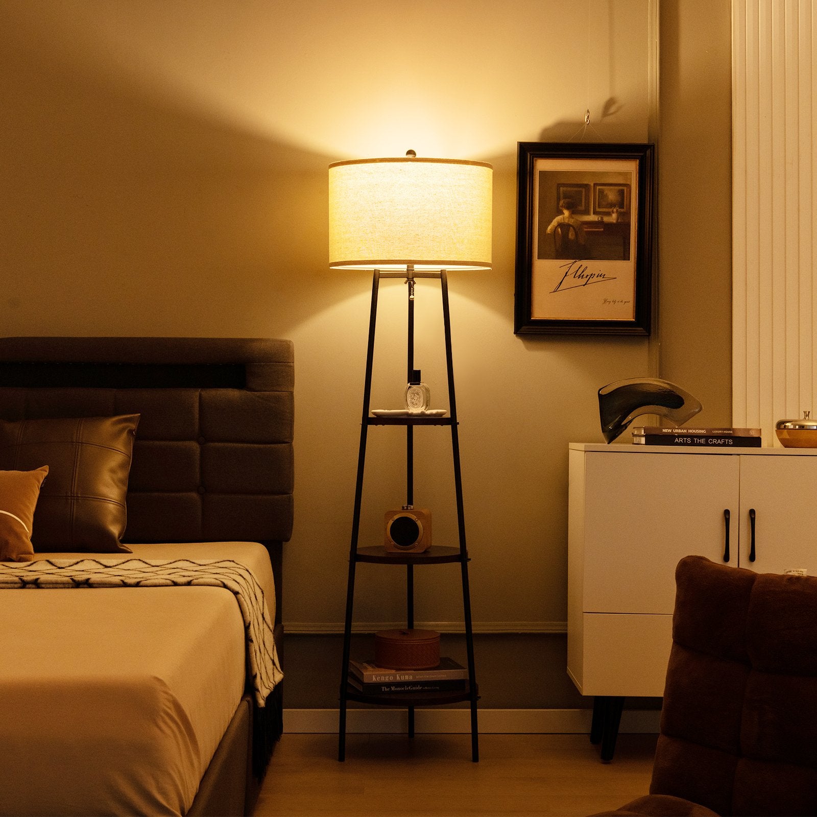 Shelf Floor Lamp with Storage Shelves and Linen Lampshade, Black Table & Floor Lamps   at Gallery Canada