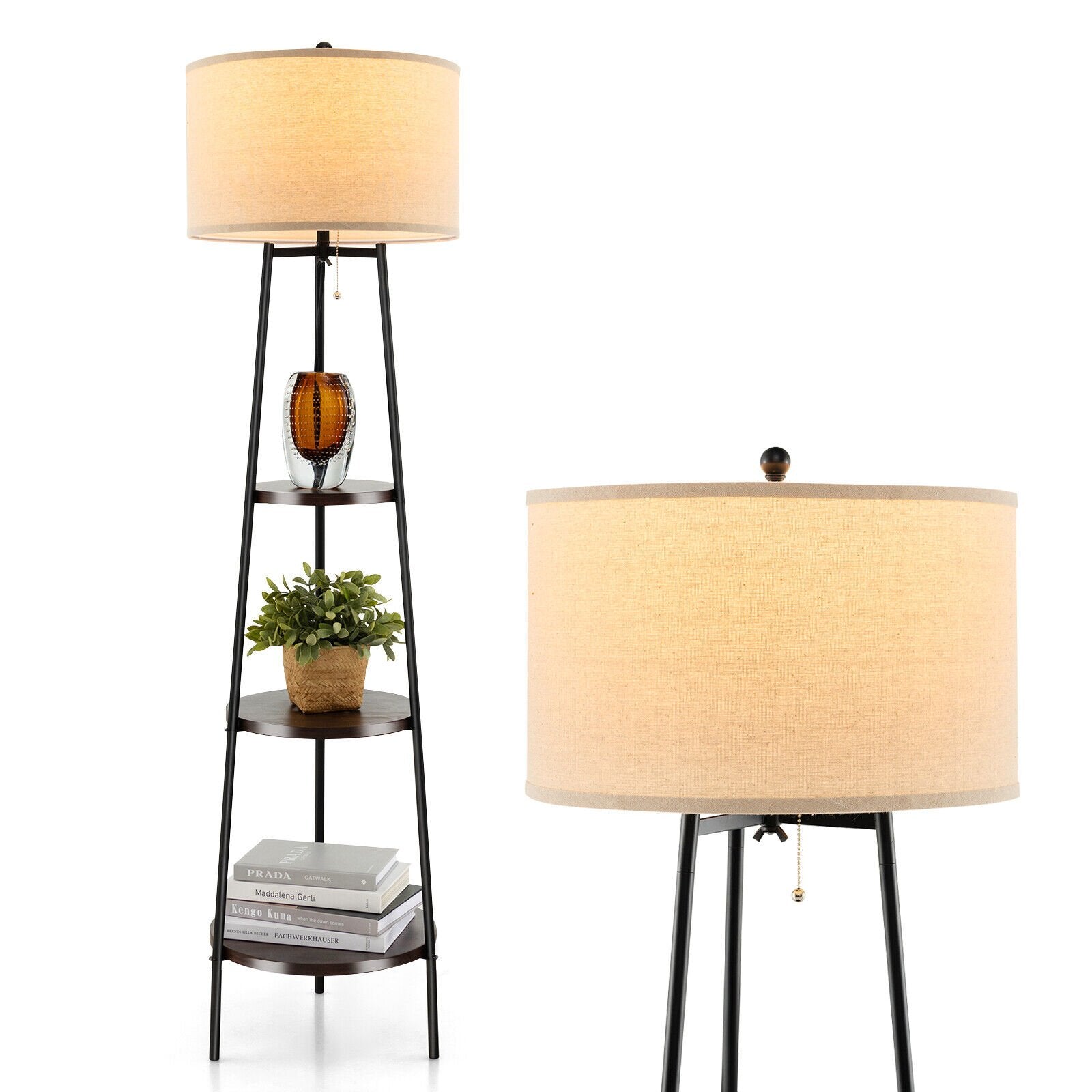 Shelf Floor Lamp with Storage Shelves and Linen Lampshade, Black Table & Floor Lamps   at Gallery Canada