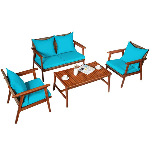 4 Pieces Acacia Wood Patio Rattan Furniture Set, Turquoise