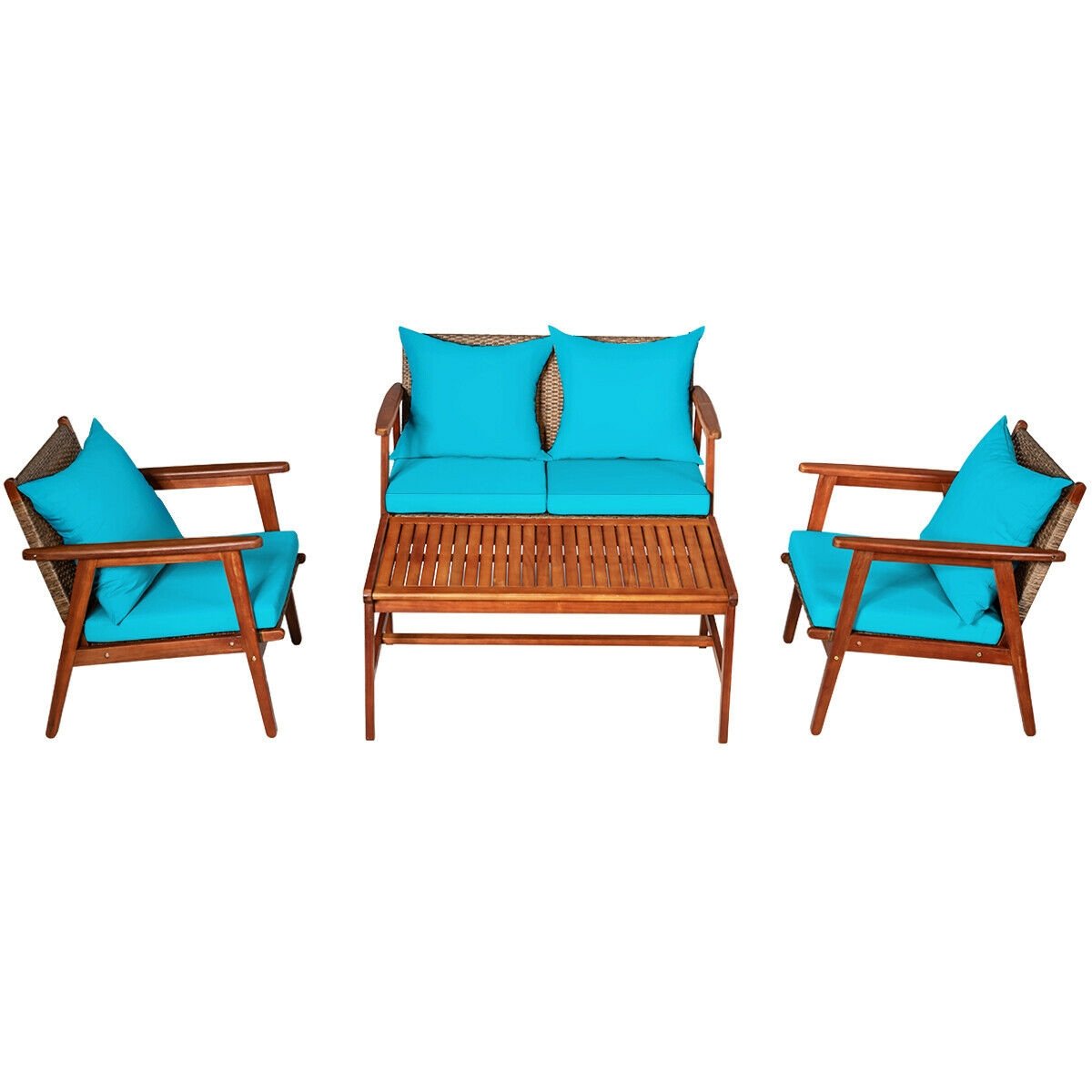 4 Pieces Acacia Wood Patio Rattan Furniture Set, Turquoise Patio Conversation Sets   at Gallery Canada