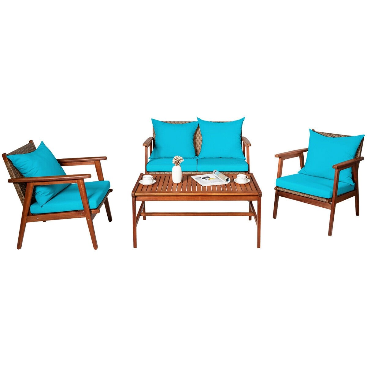 4 Pieces Acacia Wood Patio Rattan Furniture Set, Turquoise Patio Conversation Sets   at Gallery Canada