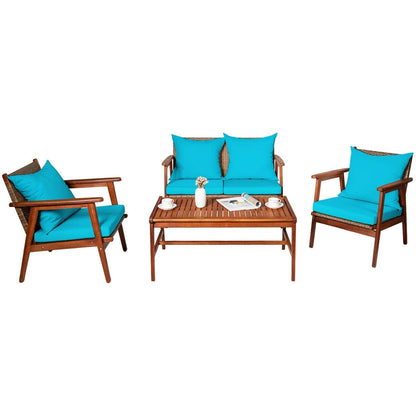 4 Pieces Acacia Wood Patio Rattan Furniture Set, Turquoise Patio Conversation Sets   at Gallery Canada