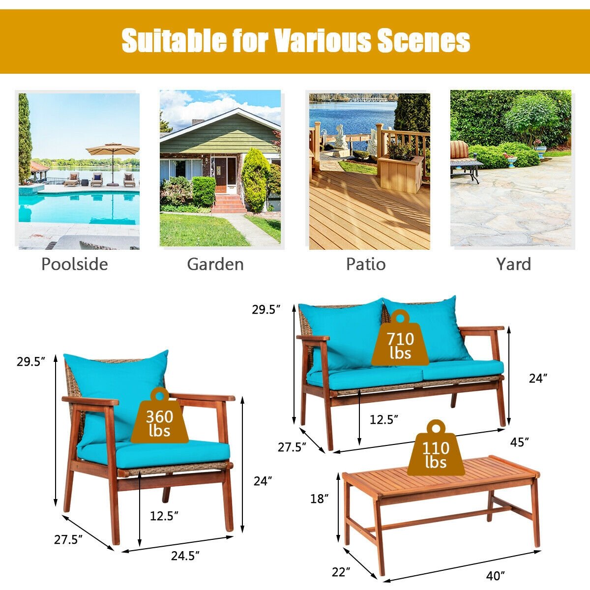 4 Pieces Acacia Wood Patio Rattan Furniture Set, Turquoise Patio Conversation Sets   at Gallery Canada