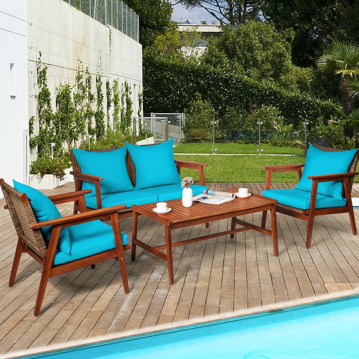 4 Pieces Acacia Wood Patio Rattan Furniture Set, Turquoise Patio Conversation Sets   at Gallery Canada