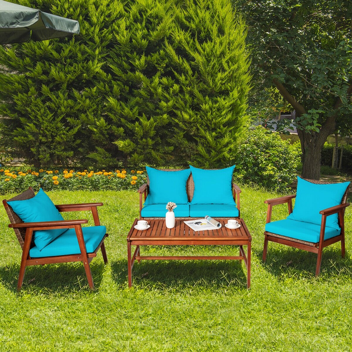 4 Pieces Acacia Wood Patio Rattan Furniture Set, Turquoise Patio Conversation Sets   at Gallery Canada