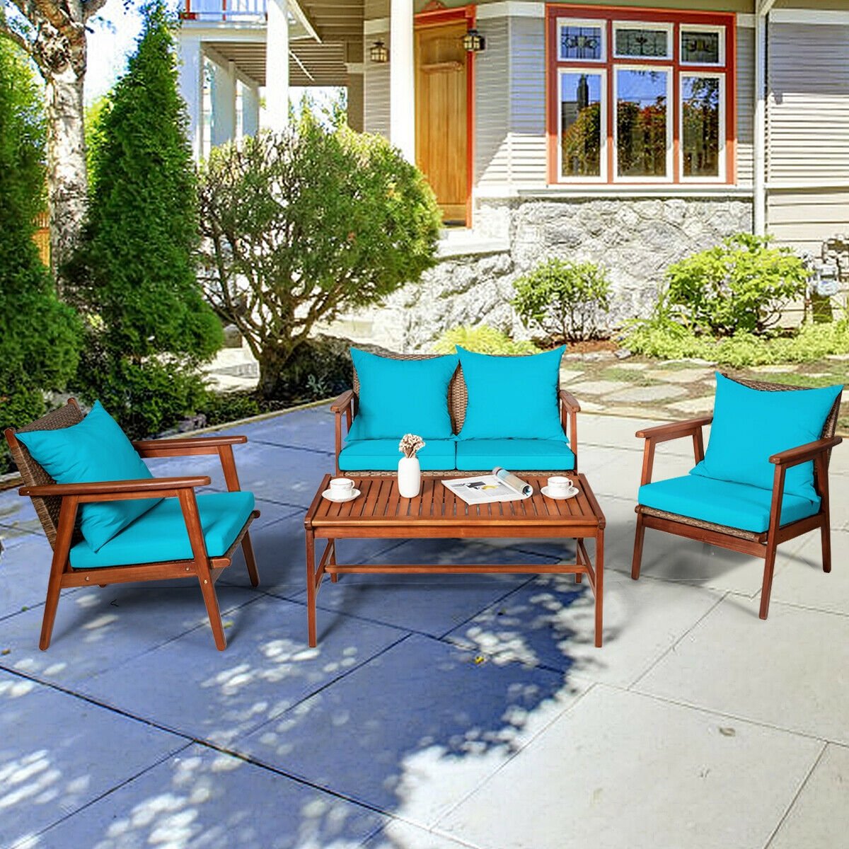 4 Pieces Acacia Wood Patio Rattan Furniture Set, Turquoise Patio Conversation Sets   at Gallery Canada