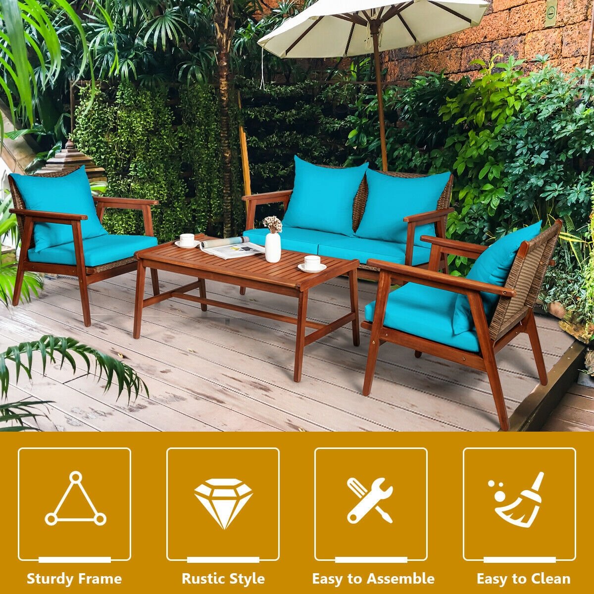 4 Pieces Acacia Wood Patio Rattan Furniture Set, Turquoise Patio Conversation Sets   at Gallery Canada