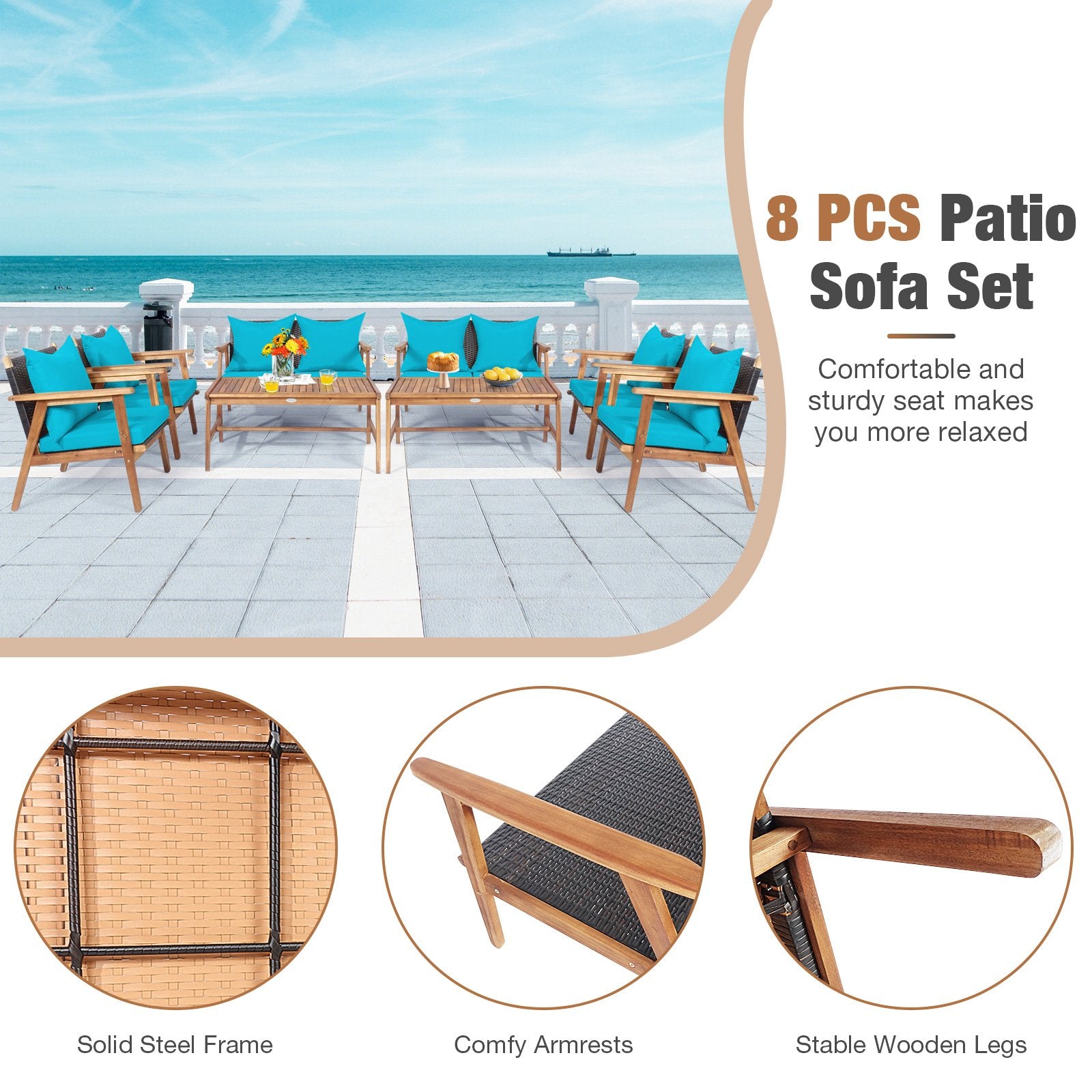 4 Pieces Acacia Wood Patio Rattan Furniture Set, Turquoise Patio Conversation Sets   at Gallery Canada