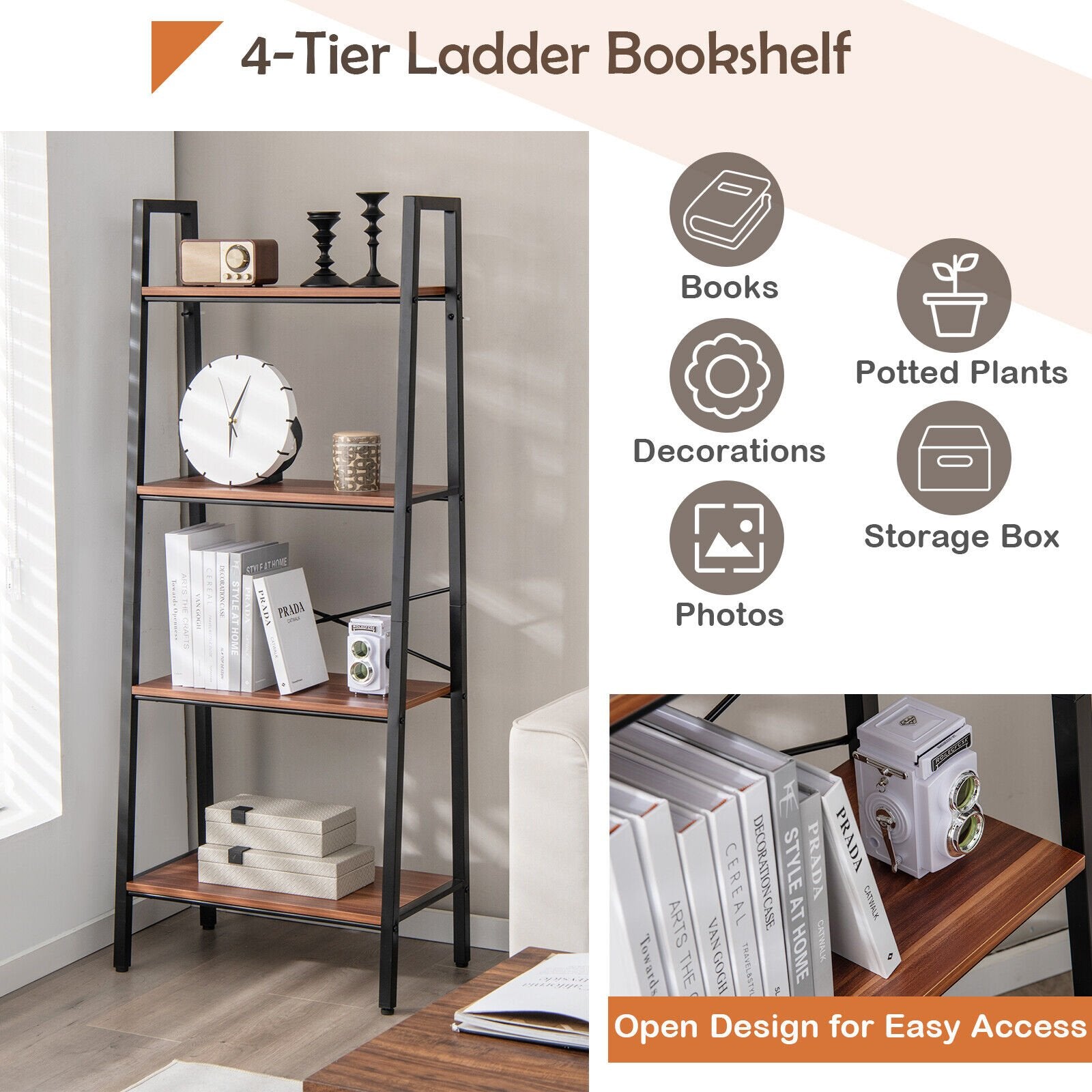 4-Tier Freestanding Open Bookshelf with Metal Frame and Anti-toppling Device, Rustic Brown - Gallery Canada
