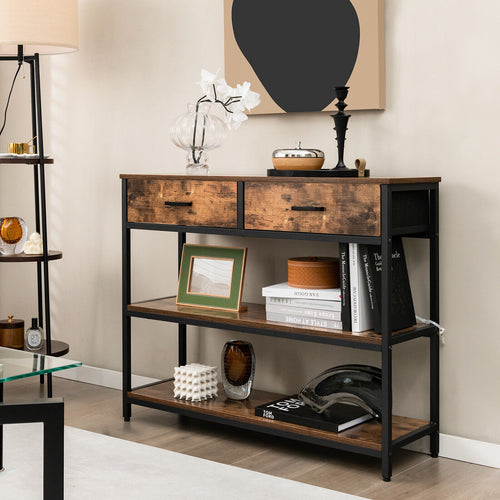 Console Table with Folding Fabric Drawers for Entryway, Rustic Brown