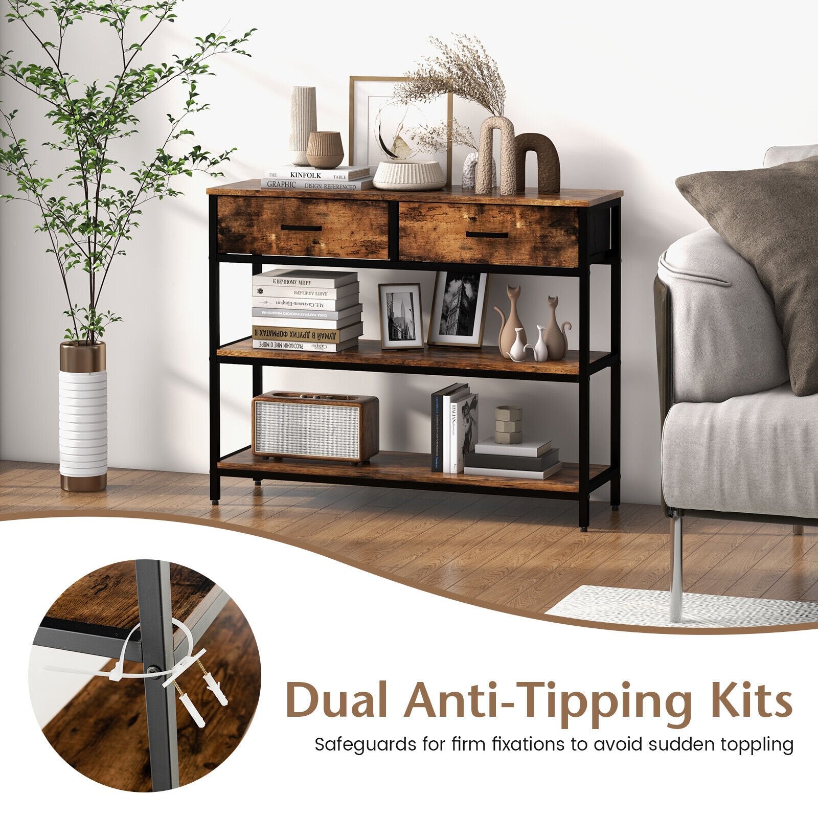 Console Table with Folding Fabric Drawers for Entryway, Rustic Brown Console Tables   at Gallery Canada