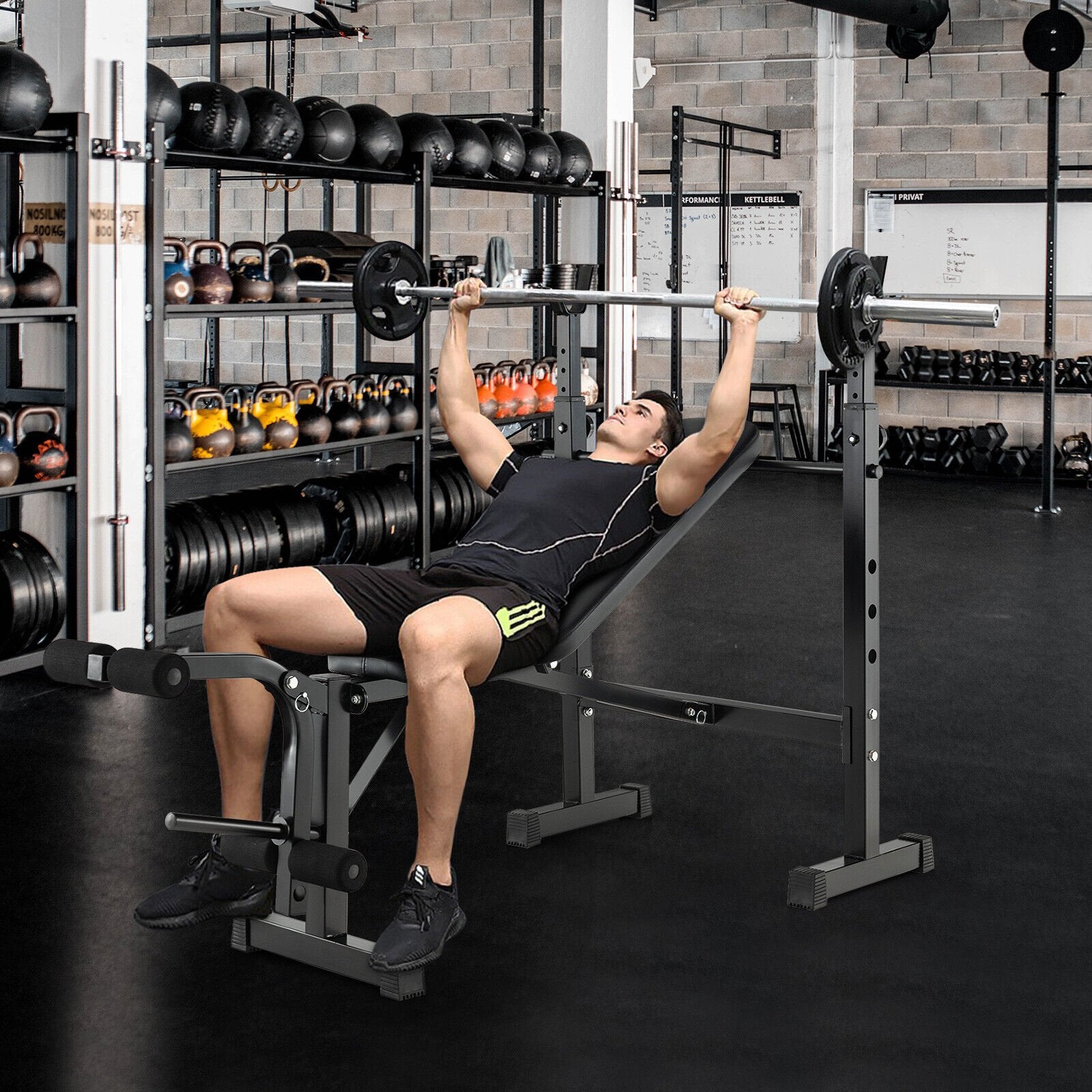 Adjustable Weight Bench and Barbell Rack Set with Weight Plate Post, Black Benches Racks & Bars   at Gallery Canada