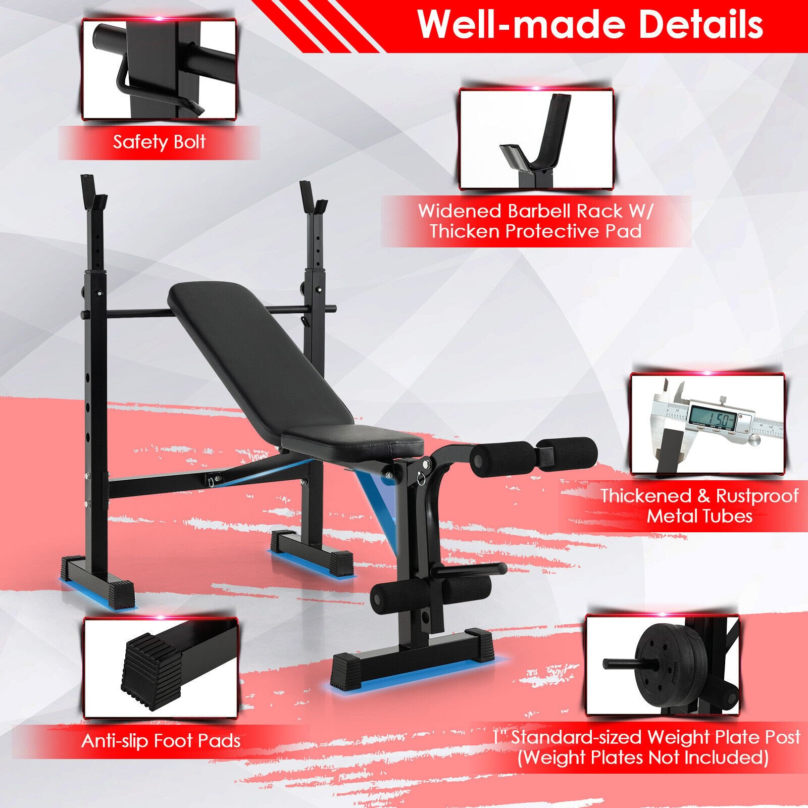 Adjustable Weight Bench and Barbell Rack Set with Weight Plate Post, Black Benches Racks & Bars   at Gallery Canada