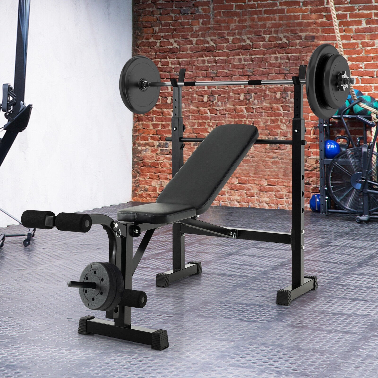 Adjustable Weight Bench and Barbell Rack Set with Weight Plate Post, Black Benches Racks & Bars   at Gallery Canada