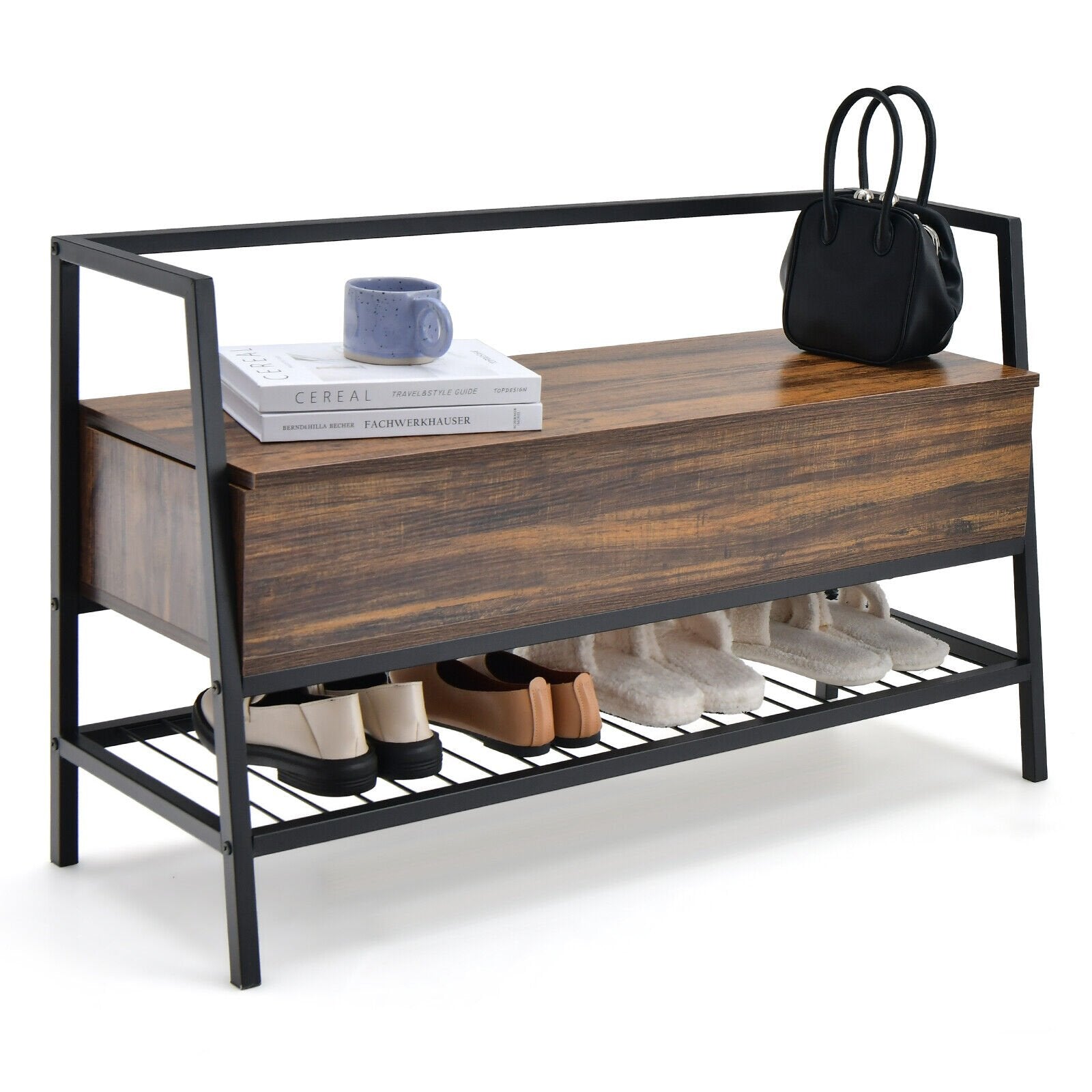 Industrial Shoe Bench with Storage Space and Metal Handrail, Rustic Brown Shoe Racks & Storage Benches   at Gallery Canada