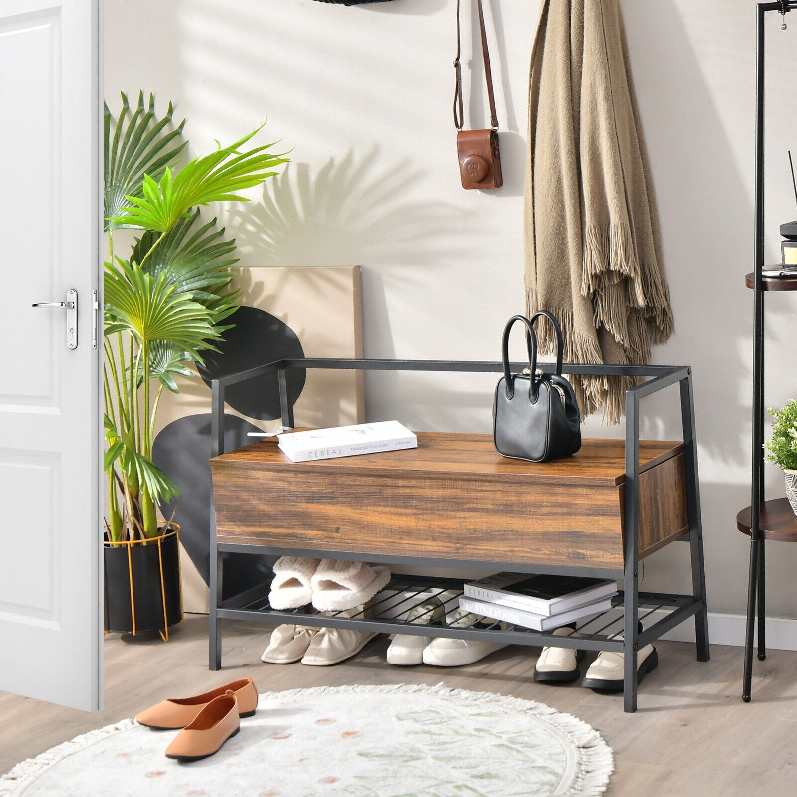 Industrial Shoe Bench with Storage Space and Metal Handrail, Rustic Brown Shoe Racks & Storage Benches   at Gallery Canada