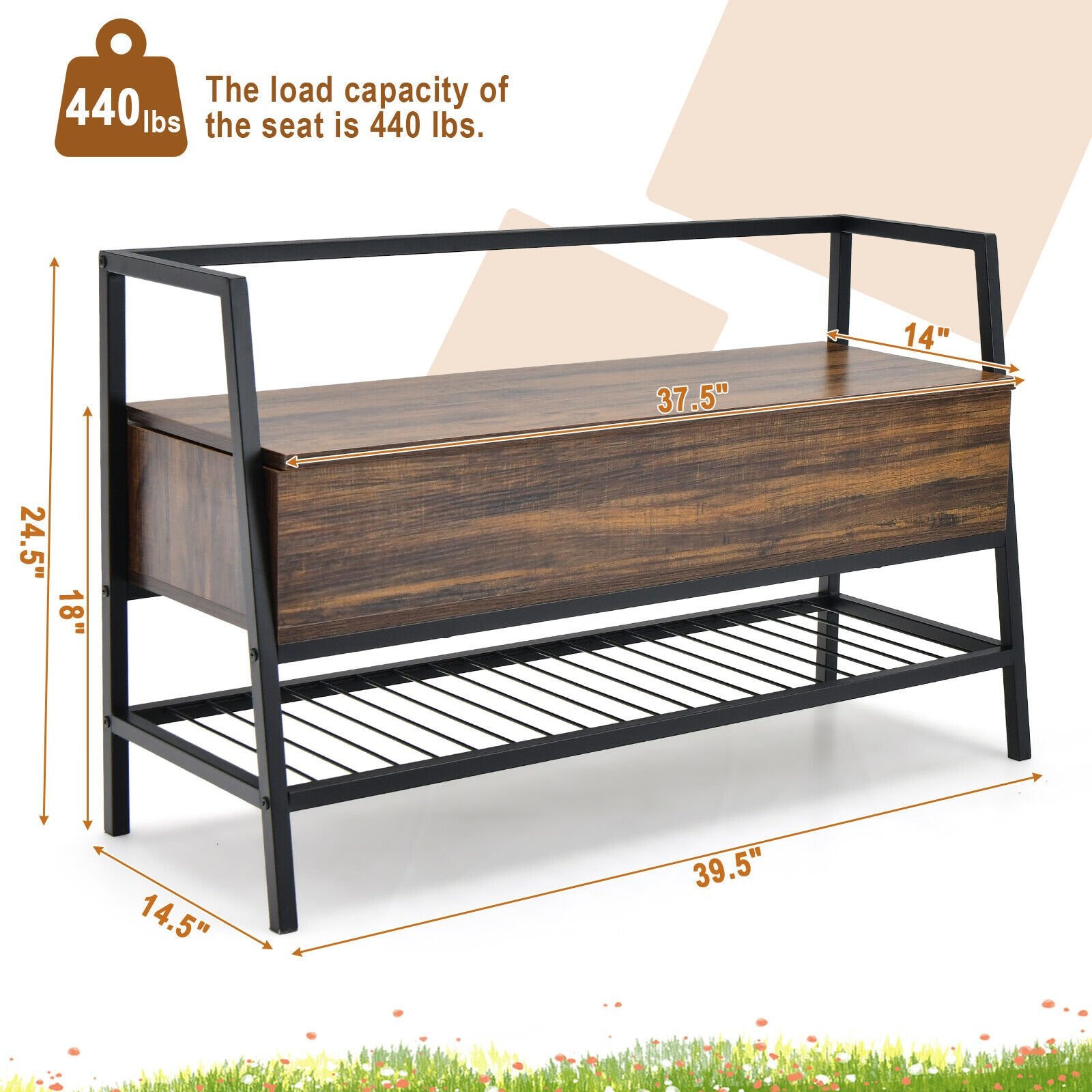 Industrial Shoe Bench with Storage Space and Metal Handrail, Rustic Brown Shoe Racks & Storage Benches   at Gallery Canada