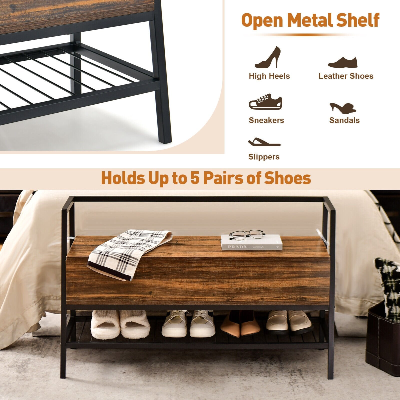 Industrial Shoe Bench with Storage Space and Metal Handrail, Rustic Brown Shoe Racks & Storage Benches   at Gallery Canada