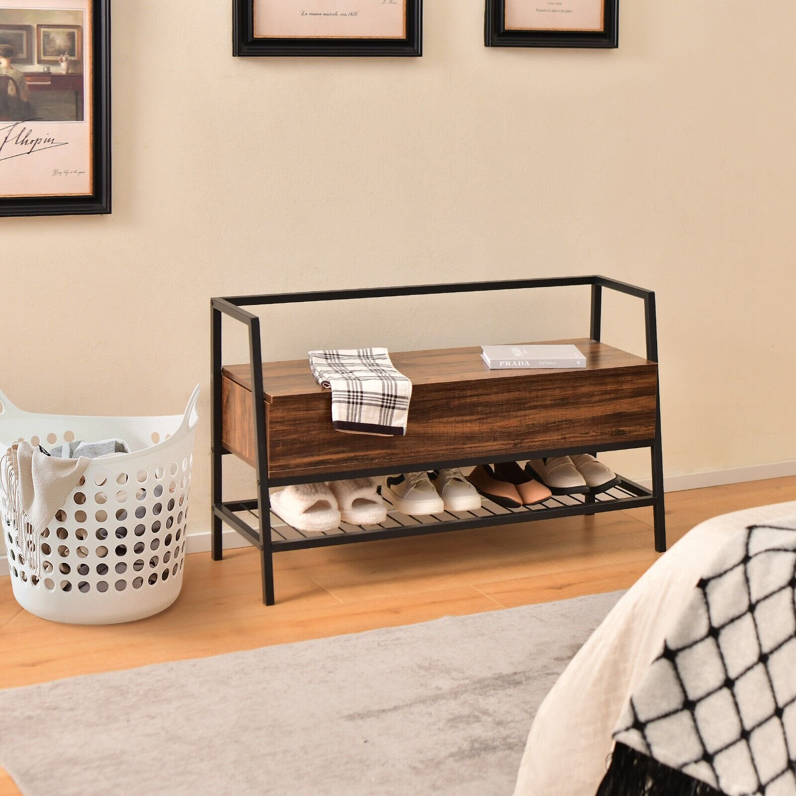 Industrial Shoe Bench with Storage Space and Metal Handrail, Rustic Brown Shoe Racks & Storage Benches   at Gallery Canada