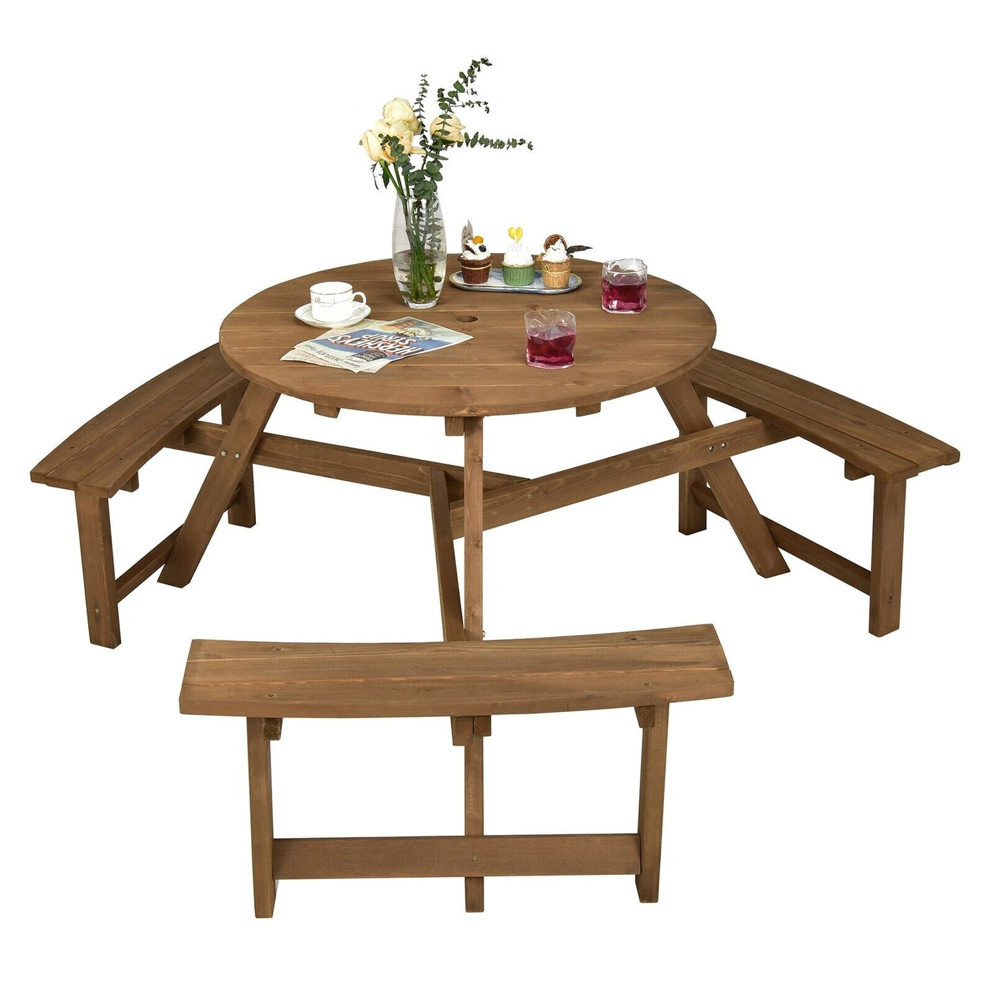 6-person Round Wooden Picnic Table with Umbrella Hole and 3 Built-in Benches, Dark Brown - Gallery Canada