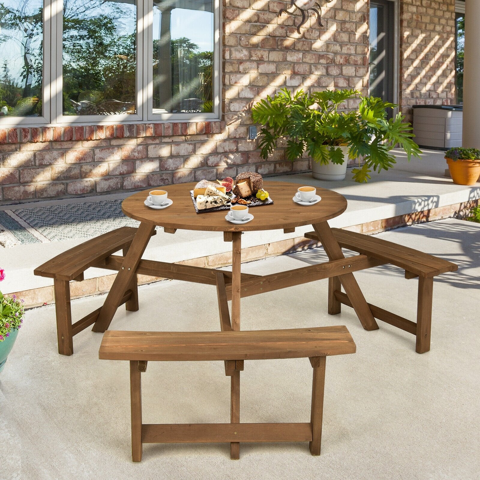 6-person Round Wooden Picnic Table with Umbrella Hole and 3 Built-in Benches, Dark Brown Picnic Tables   at Gallery Canada