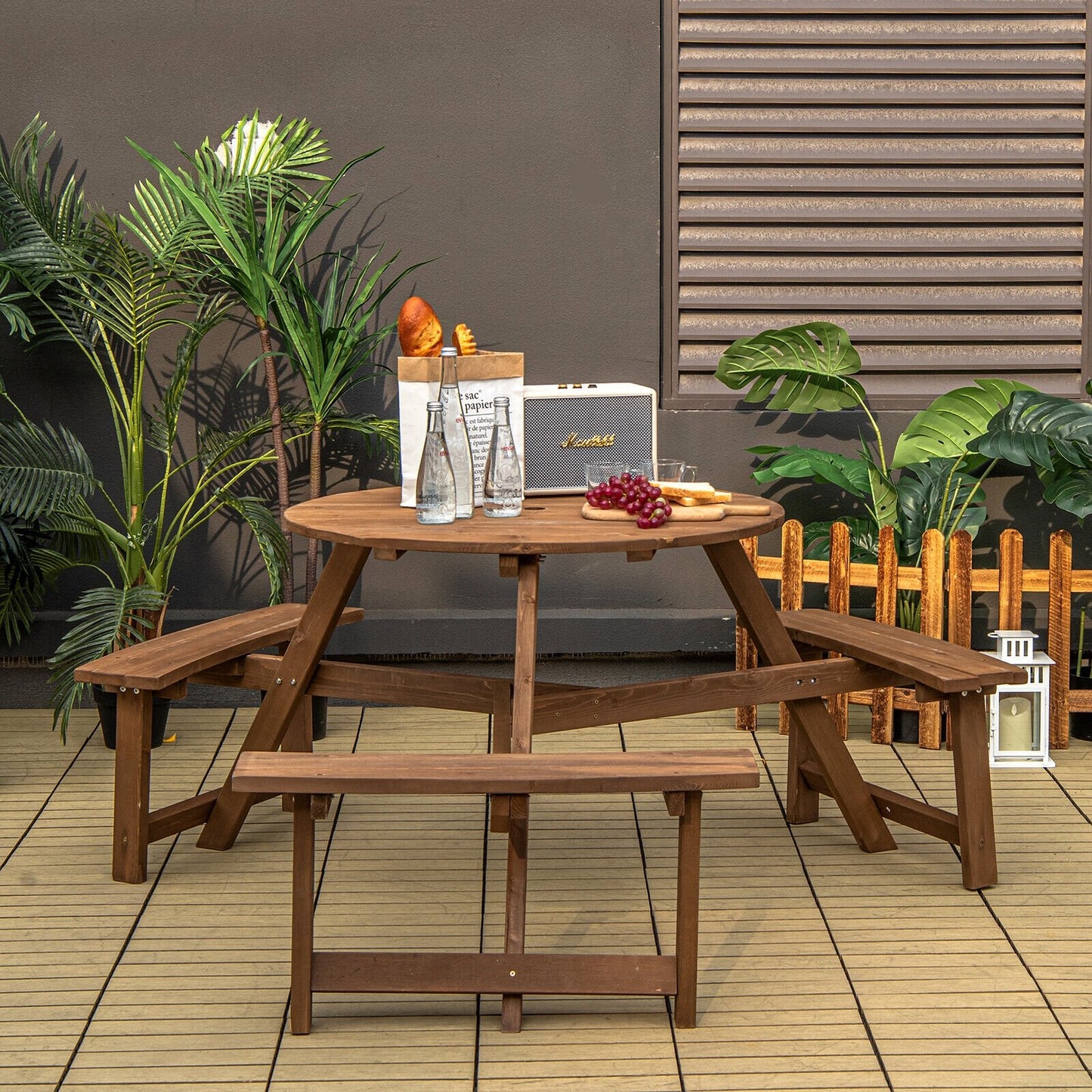 6-person Round Wooden Picnic Table with Umbrella Hole and 3 Built-in Benches, Dark Brown Picnic Tables   at Gallery Canada