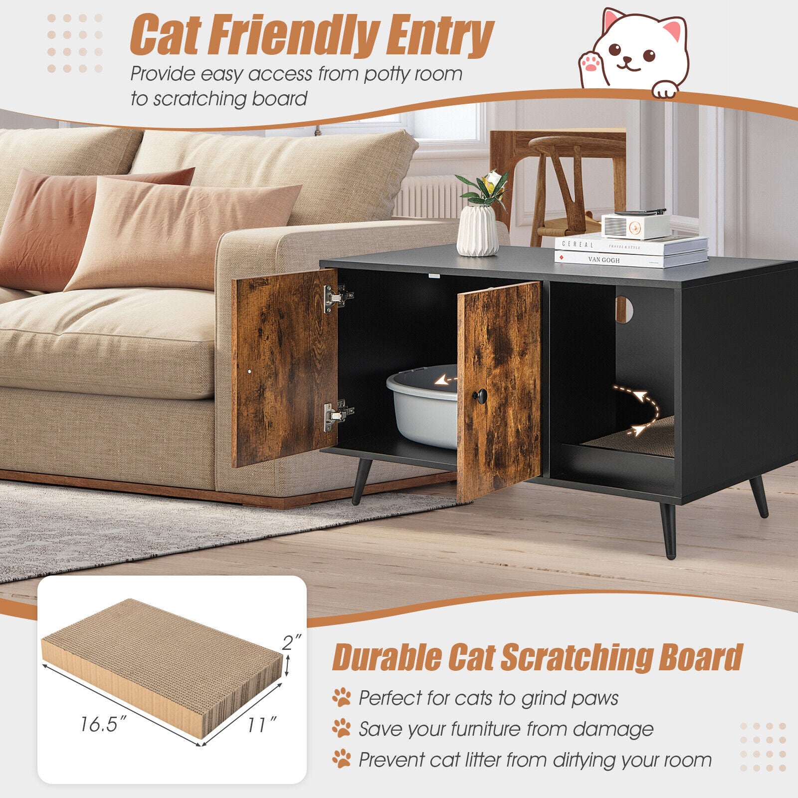 Cat Litter Box Enclosure with Double Door Cabinet, Natural Cat Houses at Gallery Canada