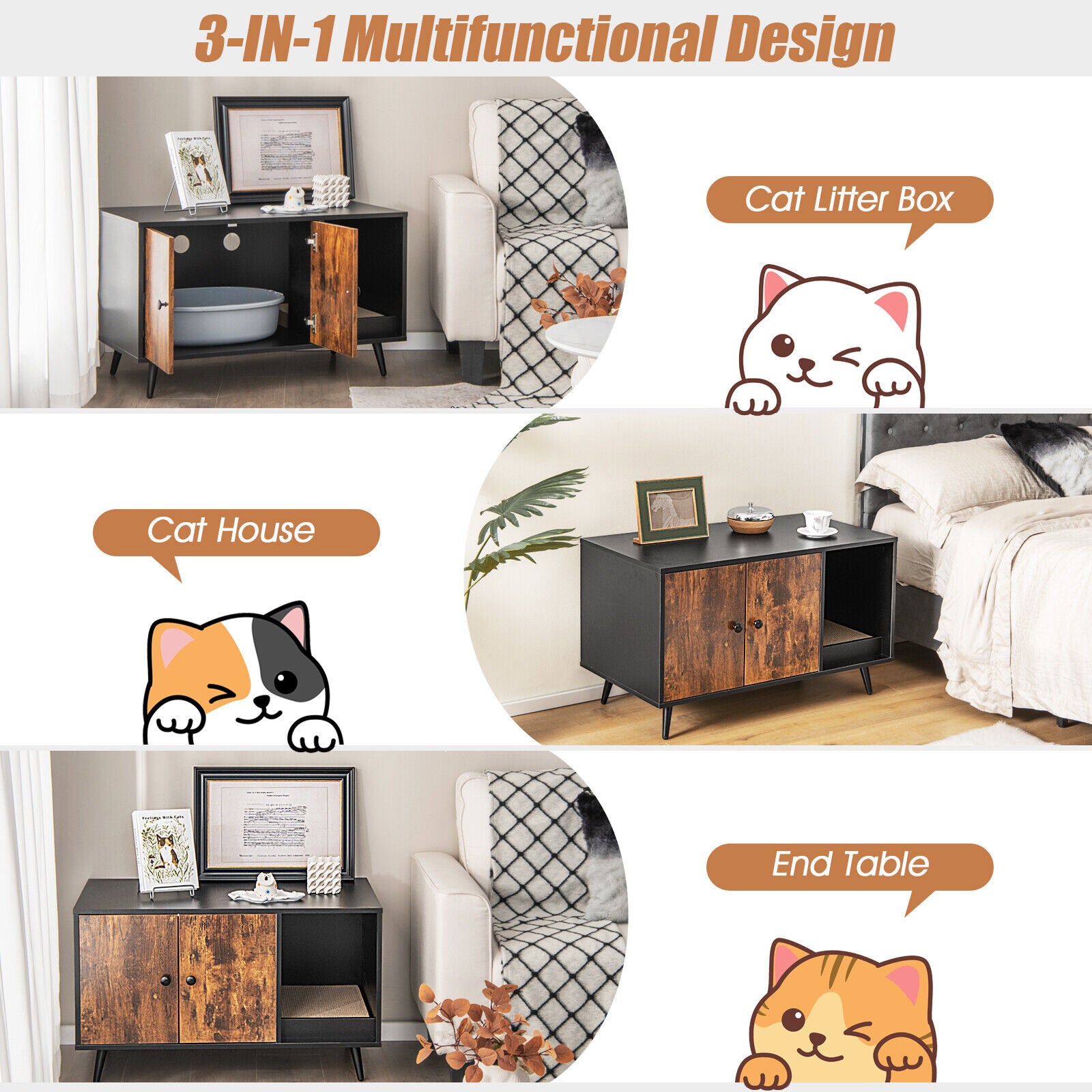 Cat Litter Box Enclosure with Double Door Cabinet, Natural Cat Houses at Gallery Canada