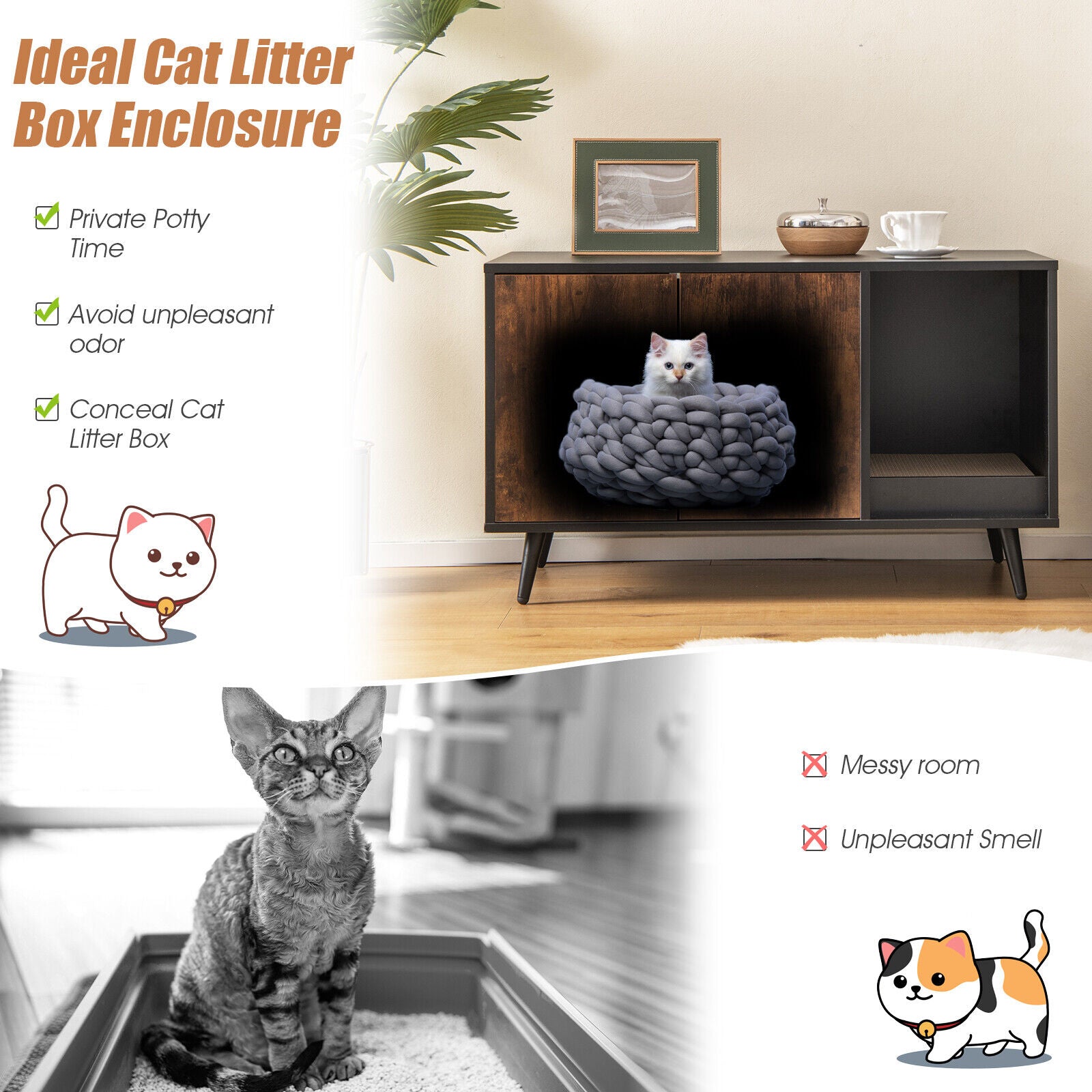 Cat Litter Box Enclosure with Double Door Cabinet, Natural Cat Houses at Gallery Canada
