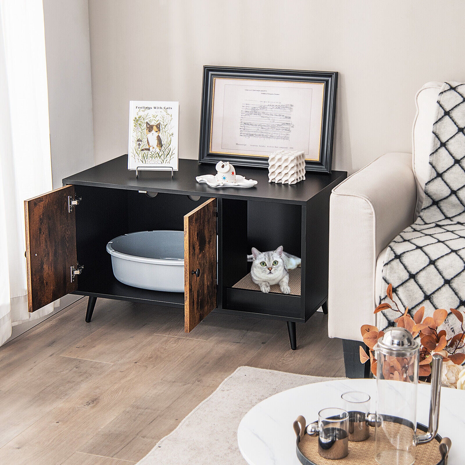 Cat Litter Box Enclosure with Double Door Cabinet, Natural Cat Houses at Gallery Canada
