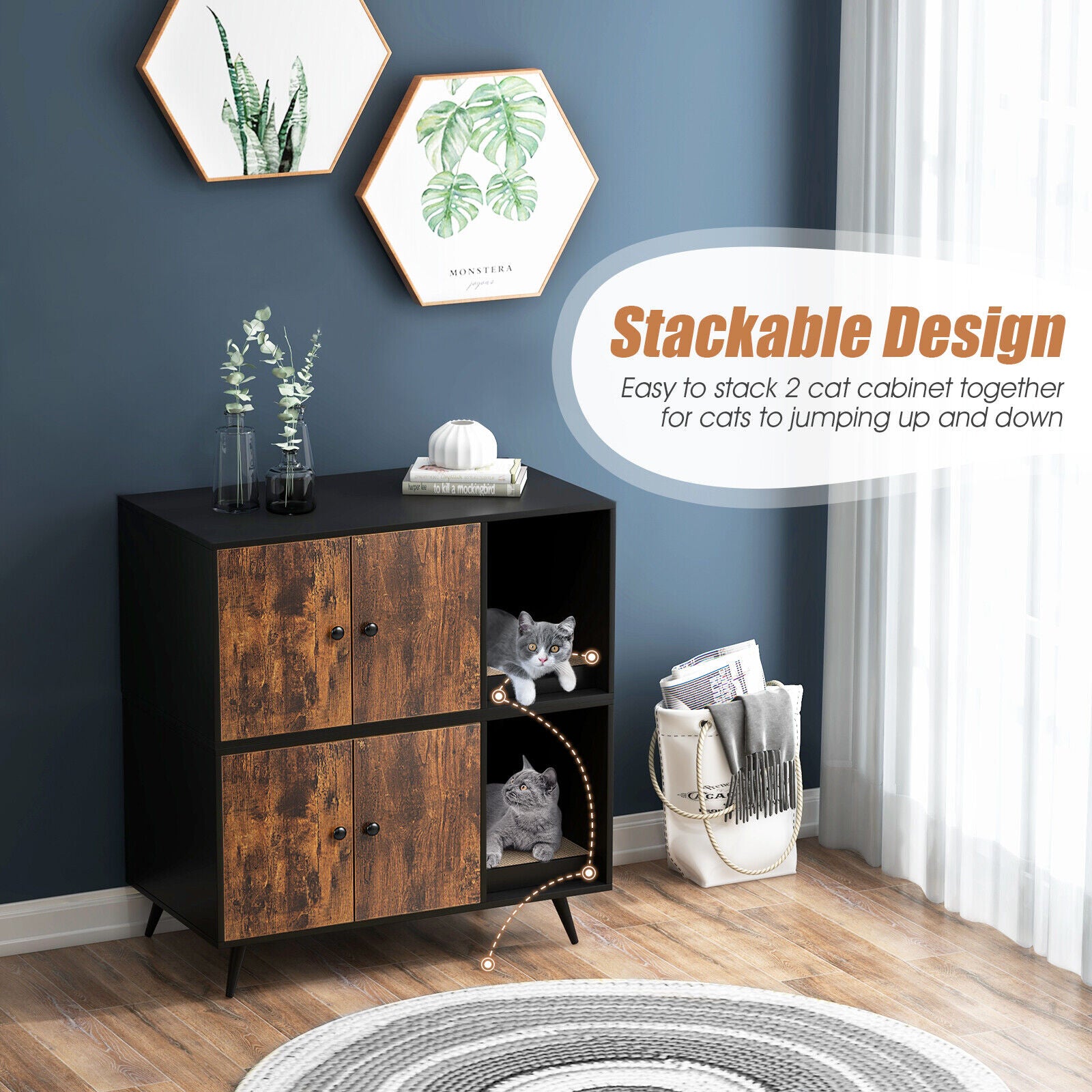 Cat Litter Box Enclosure with Double Door Cabinet, Natural Cat Houses at Gallery Canada