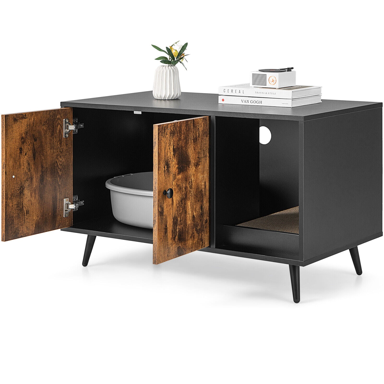 Cat Litter Box Enclosure with Double Door Cabinet, Natural Cat Houses at Gallery Canada