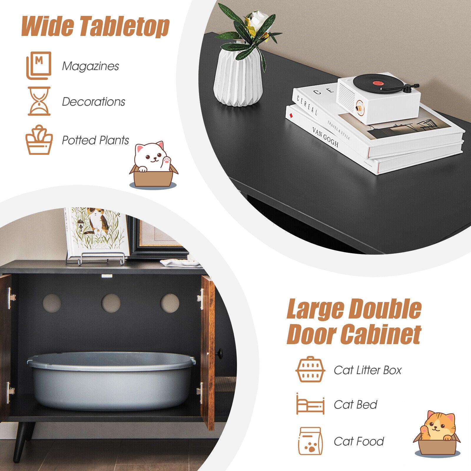 Cat Litter Box Enclosure with Double Door Cabinet, Natural Cat Houses at Gallery Canada
