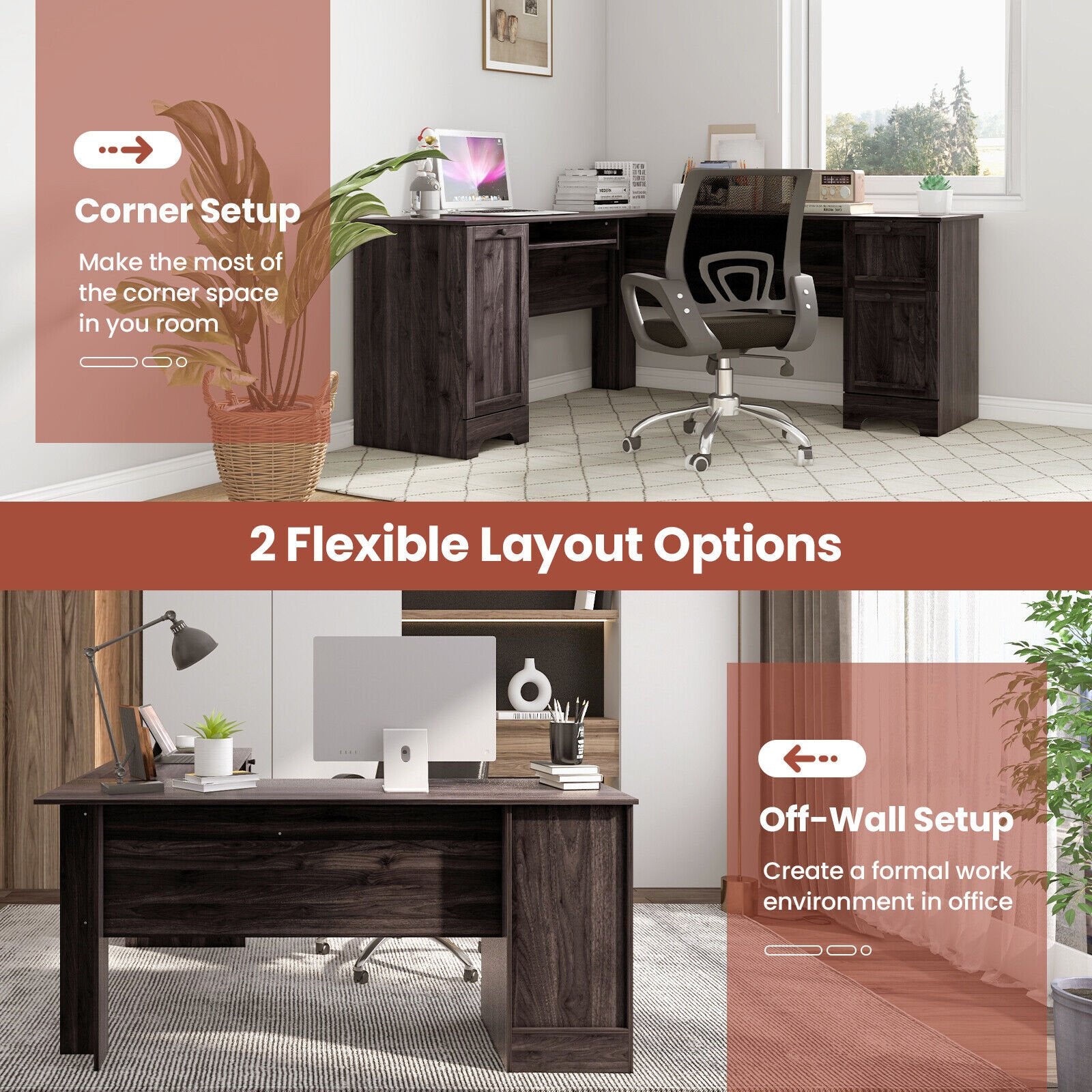 L-Shaped Office Desk with Storage Drawers and Keyboard Tray, Dark Brown L-Shaped Desks   at Gallery Canada