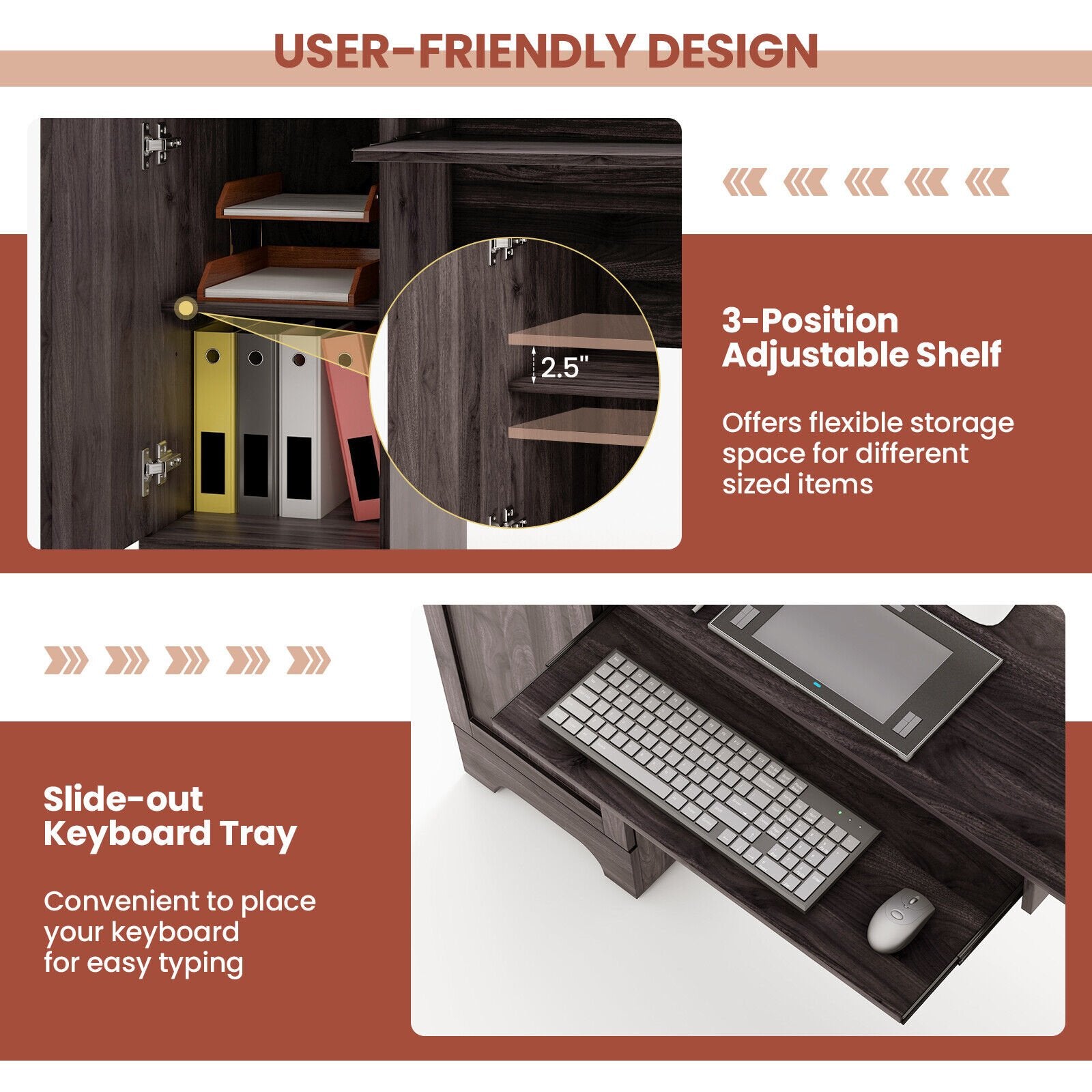 L-Shaped Office Desk with Storage Drawers and Keyboard Tray, Dark Brown L-Shaped Desks   at Gallery Canada