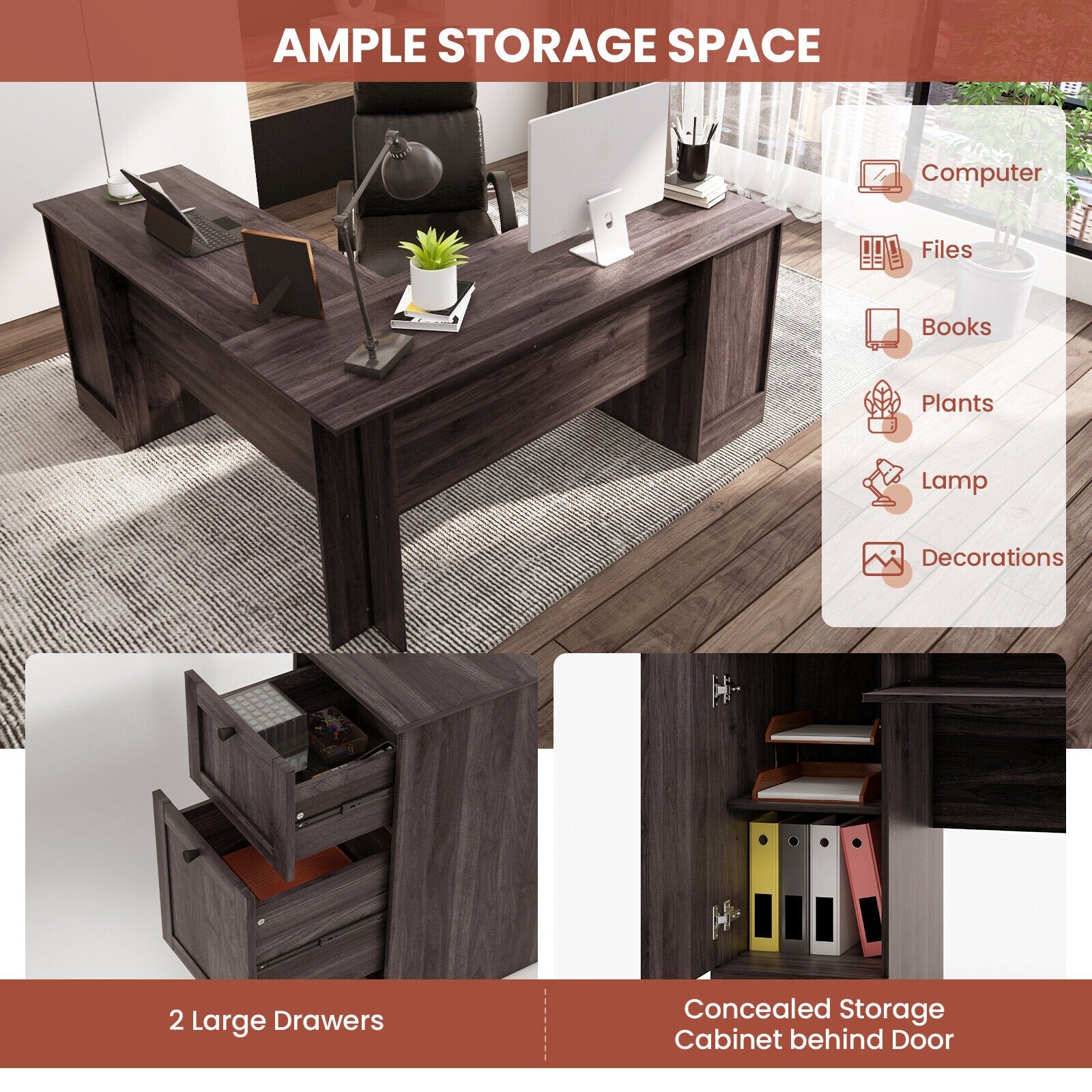 L-Shaped Office Desk with Storage Drawers and Keyboard Tray, Dark Brown L-Shaped Desks   at Gallery Canada