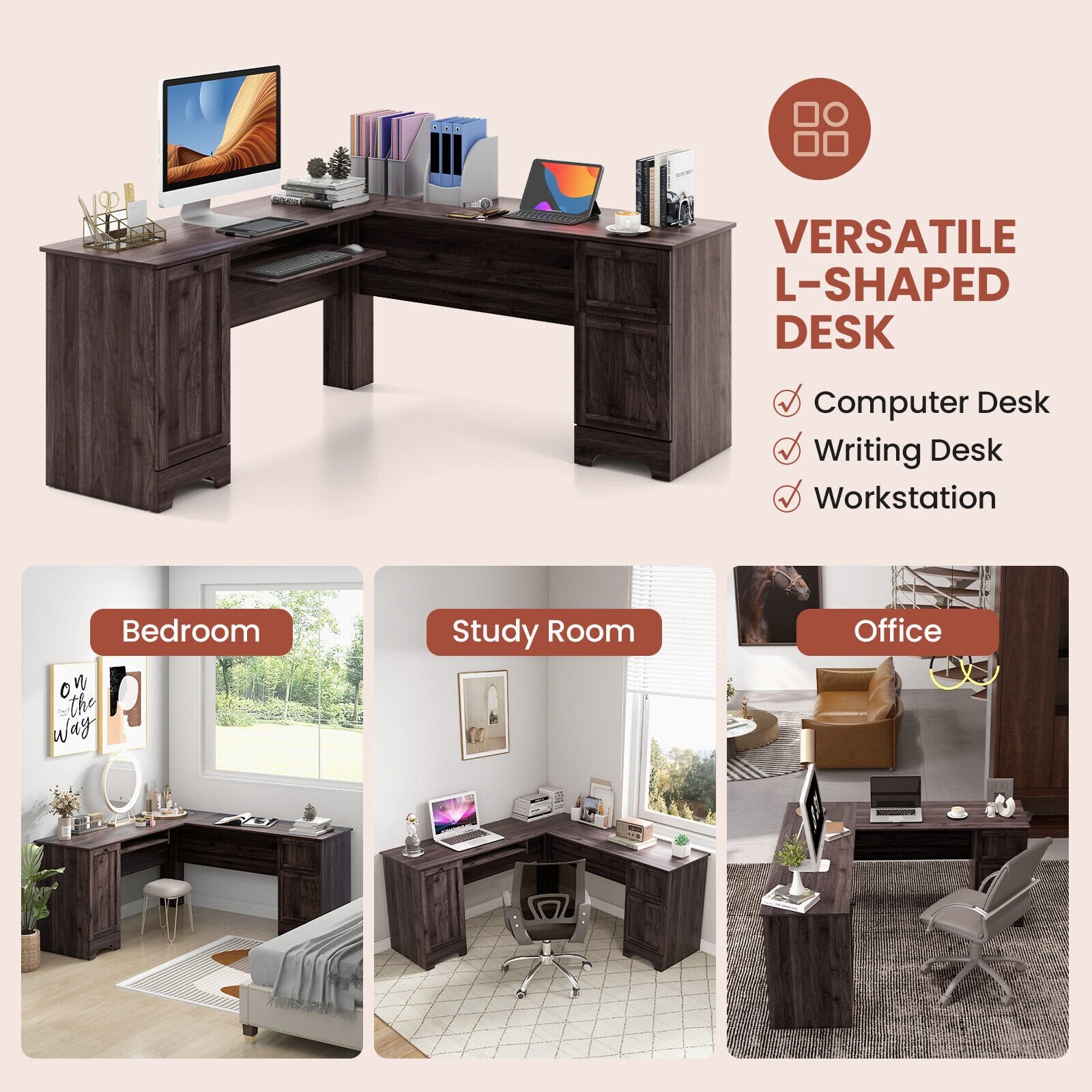 L-Shaped Office Desk with Storage Drawers and Keyboard Tray, Dark Brown L-Shaped Desks   at Gallery Canada