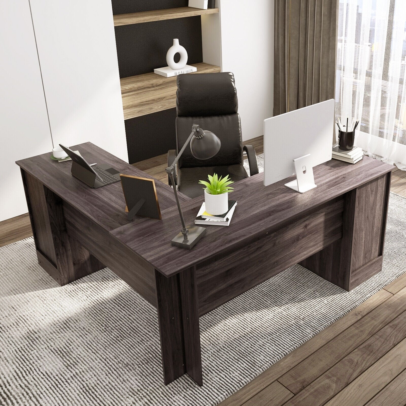 L-Shaped Office Desk with Storage Drawers and Keyboard Tray, Dark Brown L-Shaped Desks   at Gallery Canada