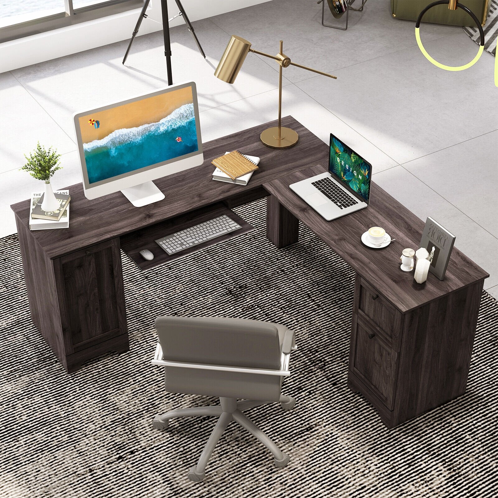 L-Shaped Office Desk with Storage Drawers and Keyboard Tray, Dark Brown L-Shaped Desks   at Gallery Canada