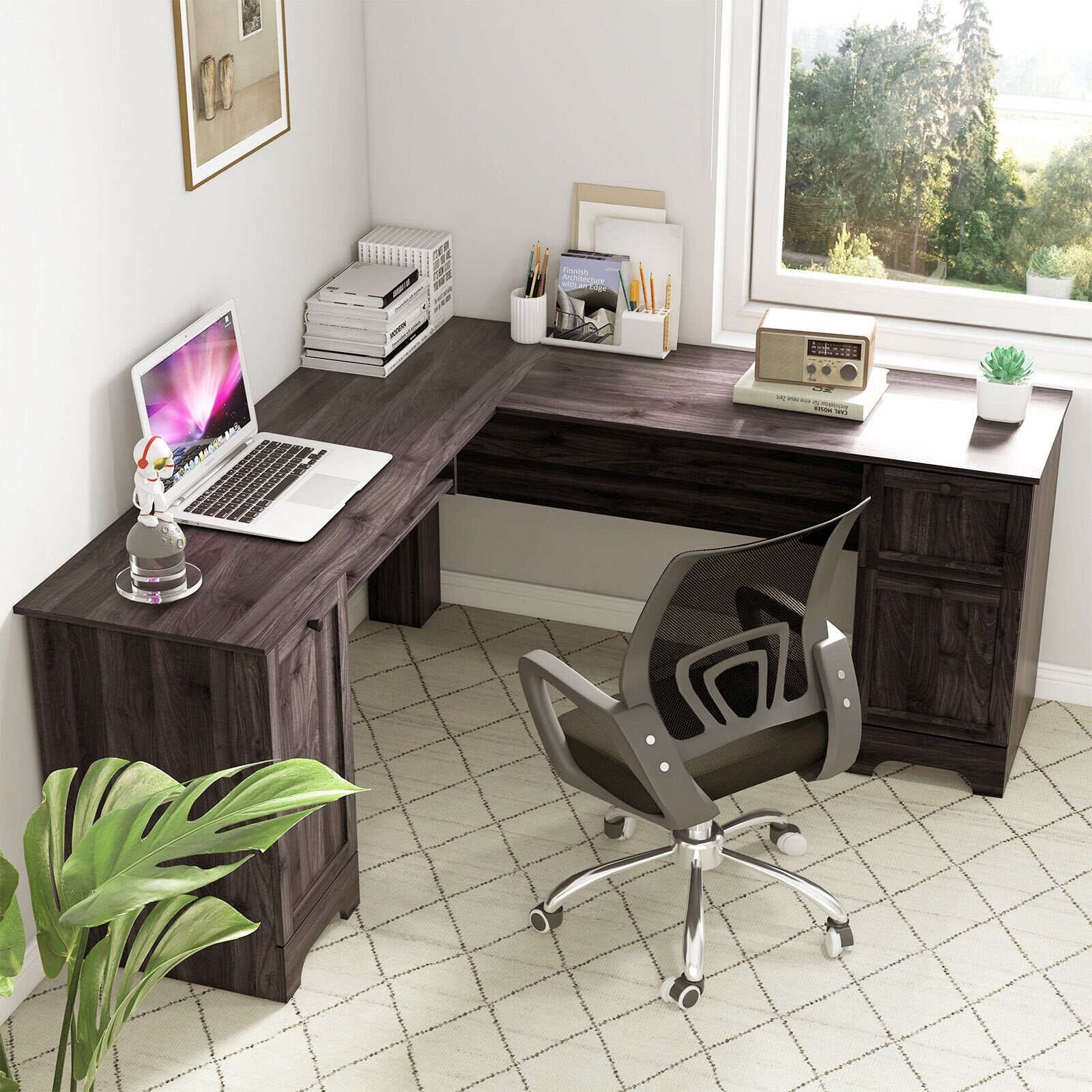 L-Shaped Office Desk with Storage Drawers and Keyboard Tray, Dark Brown L-Shaped Desks   at Gallery Canada