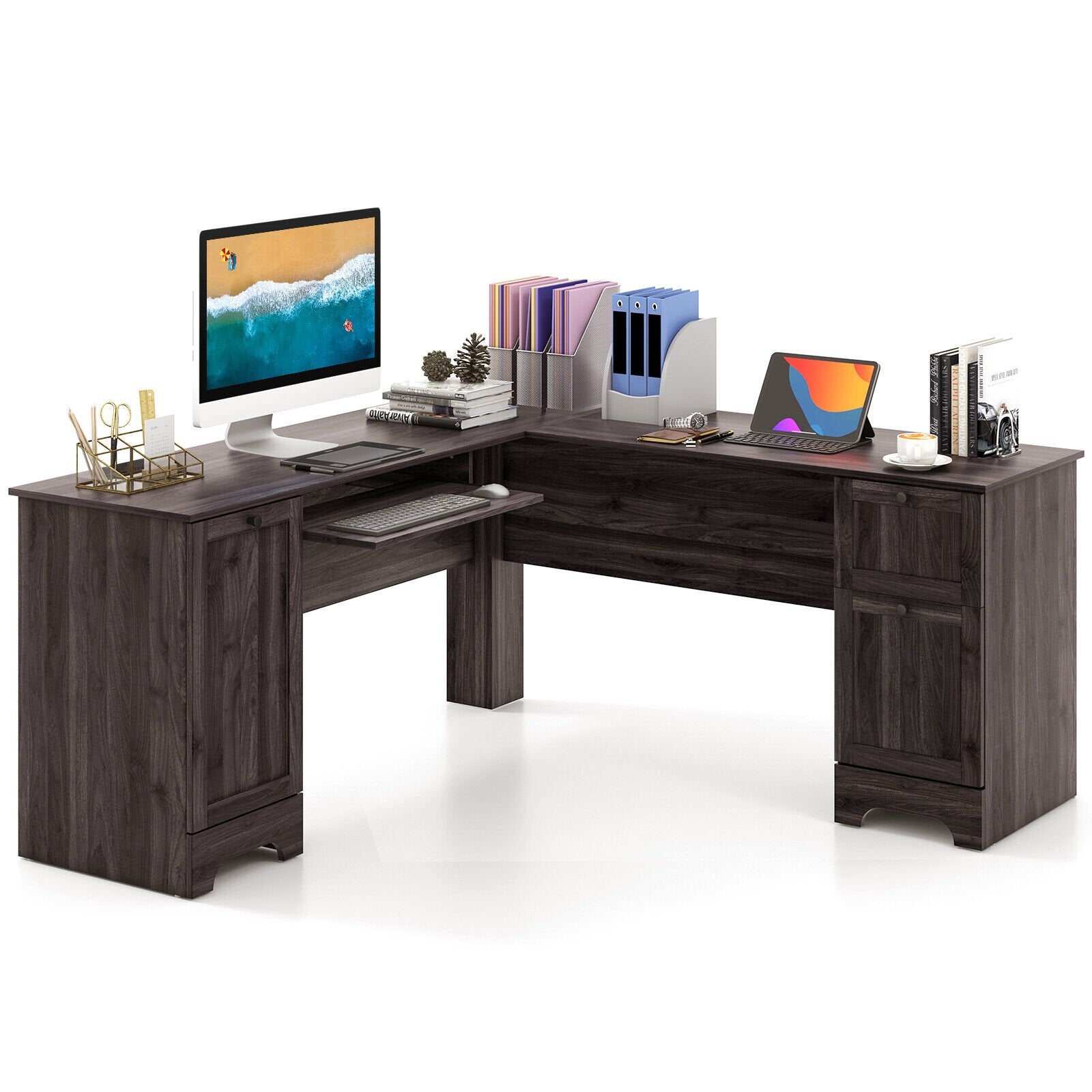 L-Shaped Office Desk with Storage Drawers and Keyboard Tray, Dark Brown L-Shaped Desks   at Gallery Canada