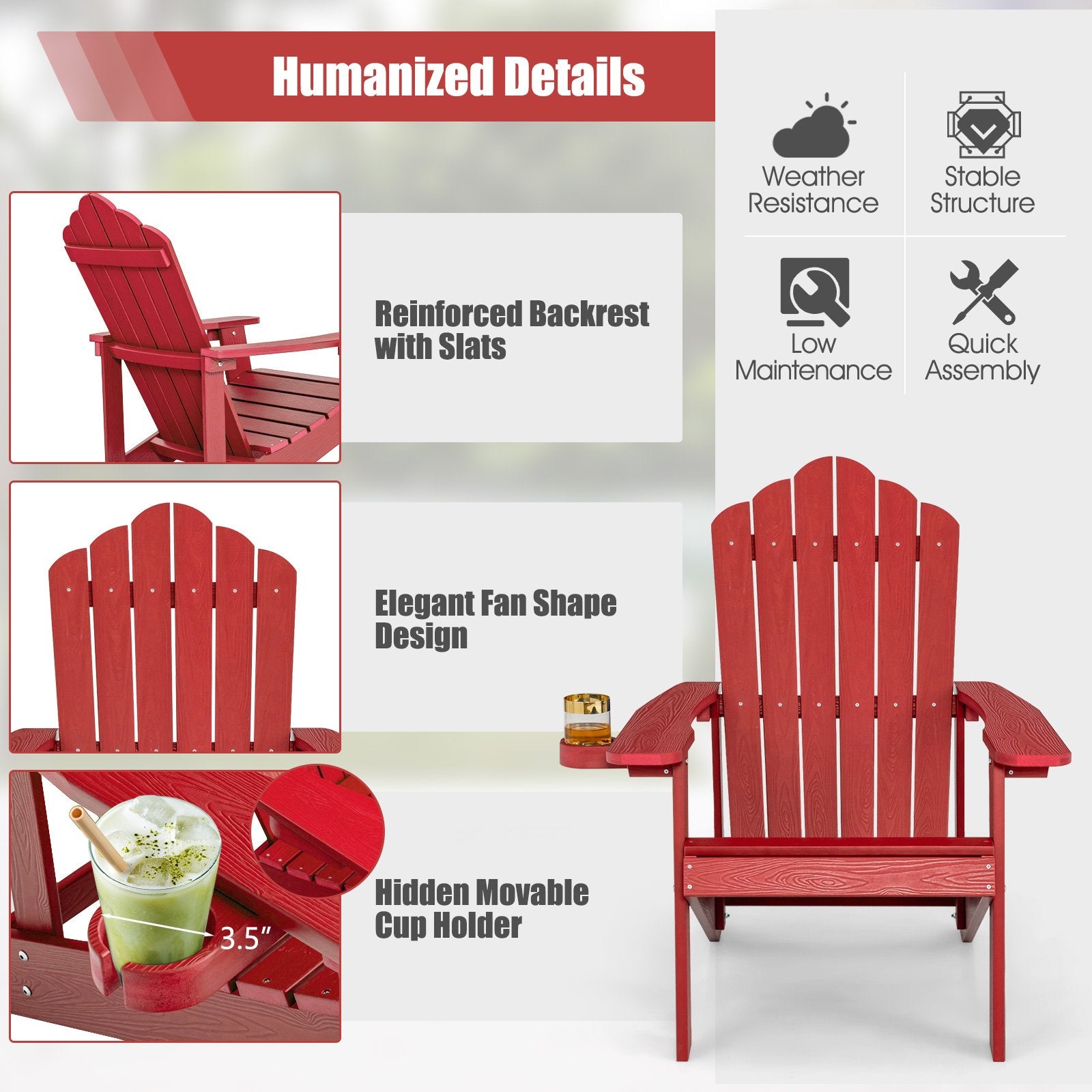 Weather Resistant HIPS Outdoor Adirondack Chair with Cup Holder, Red Adirondack Chairs   at Gallery Canada