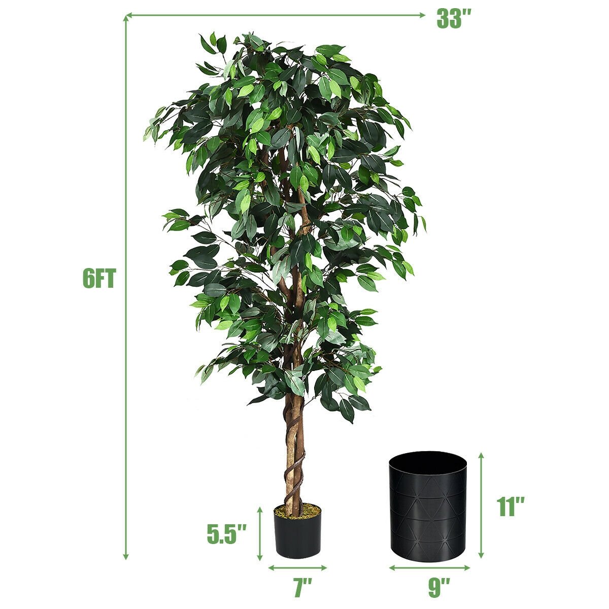 6 Feet Artificial Ficus Silk Tree, Green Faux Plants   at Gallery Canada