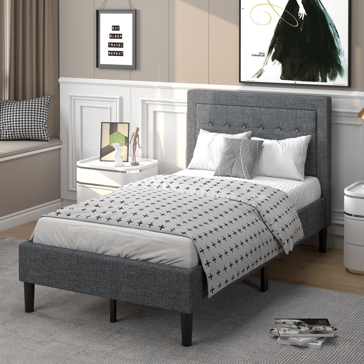 Twin Size Upholstered Bed Frame with Button Tufted Headboard, Black Simple Bed Frame   at Gallery Canada