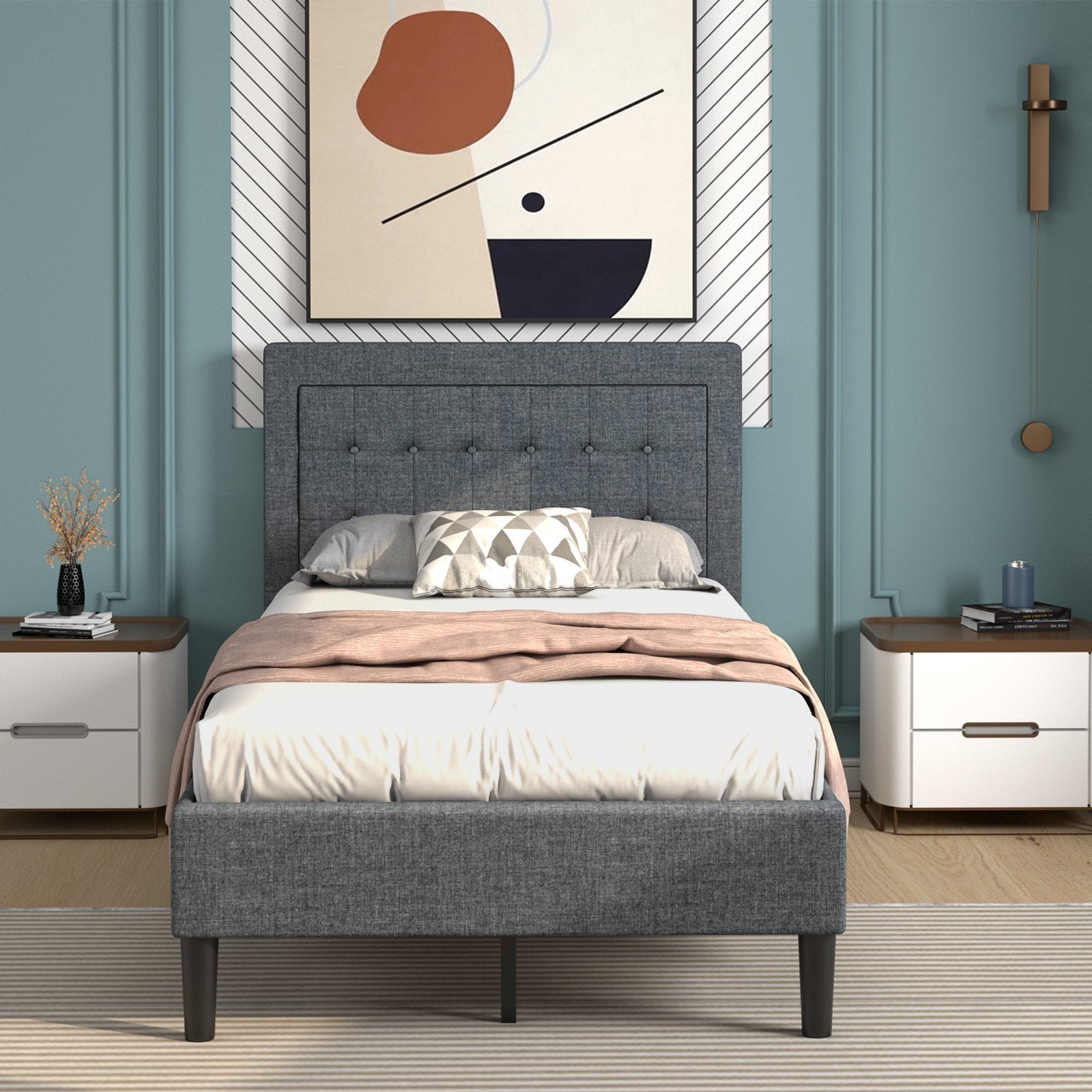 Twin Size Upholstered Bed Frame with Button Tufted Headboard, Black Simple Bed Frame   at Gallery Canada