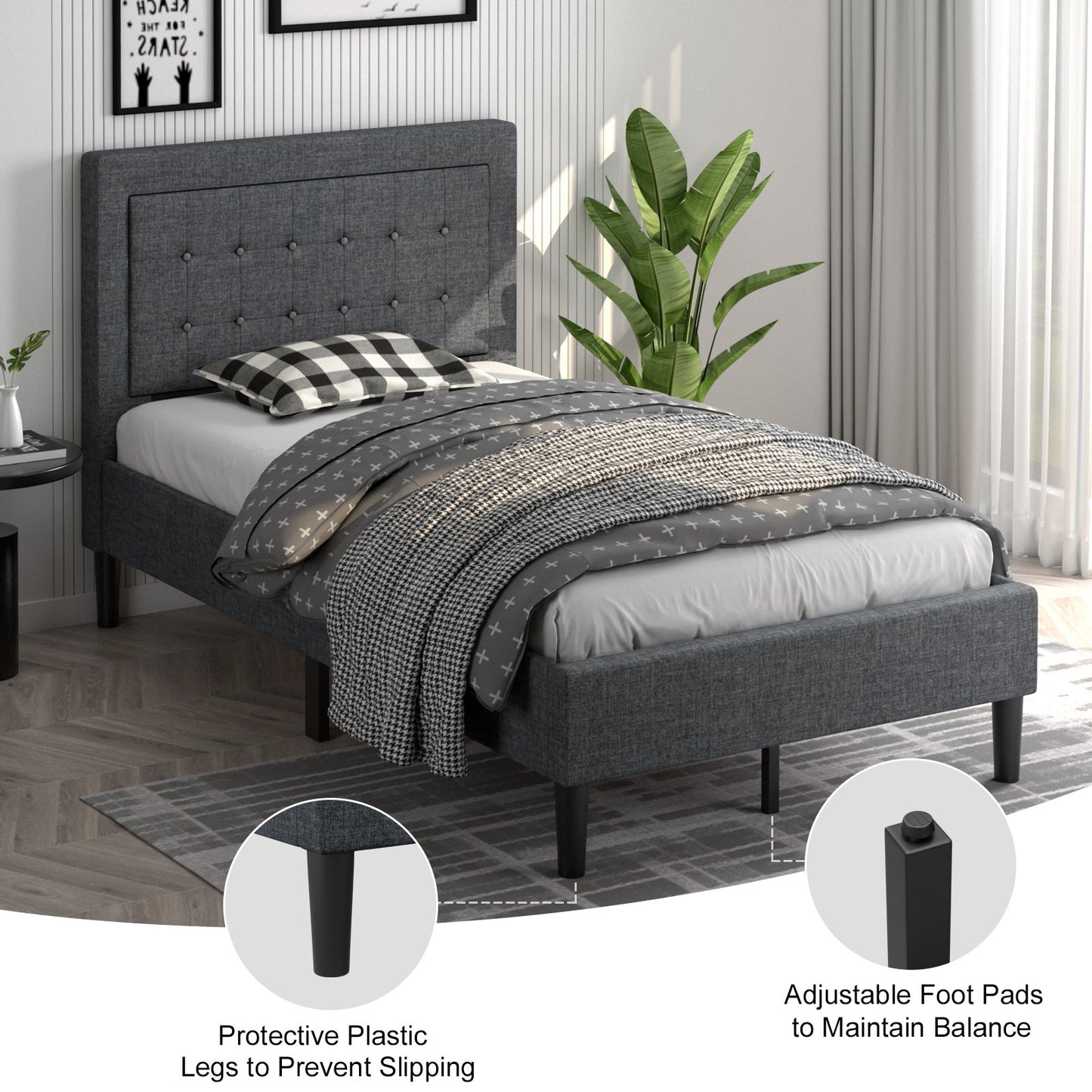 Twin Size Upholstered Bed Frame with Button Tufted Headboard, Black Simple Bed Frame   at Gallery Canada