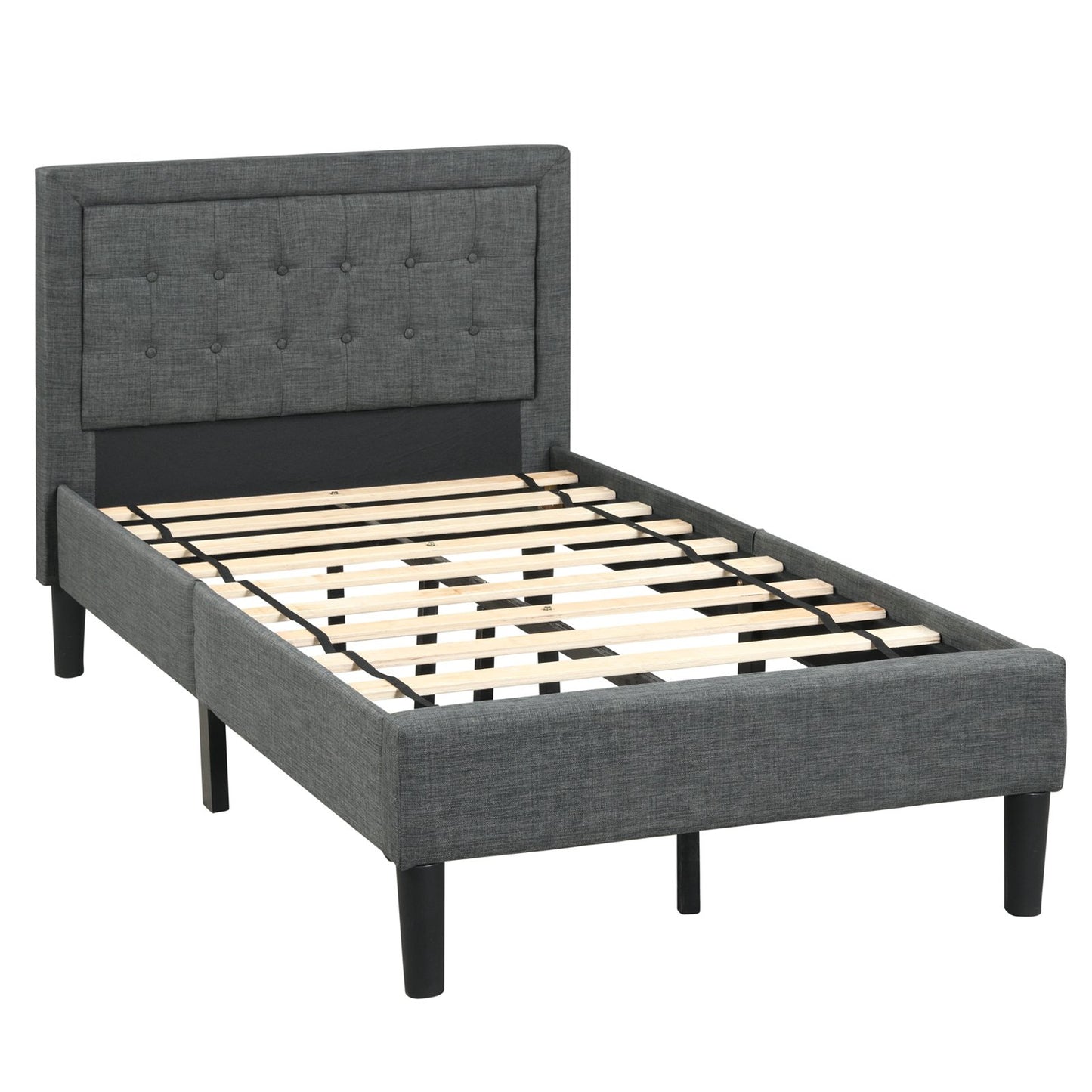 Twin Size Upholstered Bed Frame with Button Tufted Headboard, Black Simple Bed Frame   at Gallery Canada