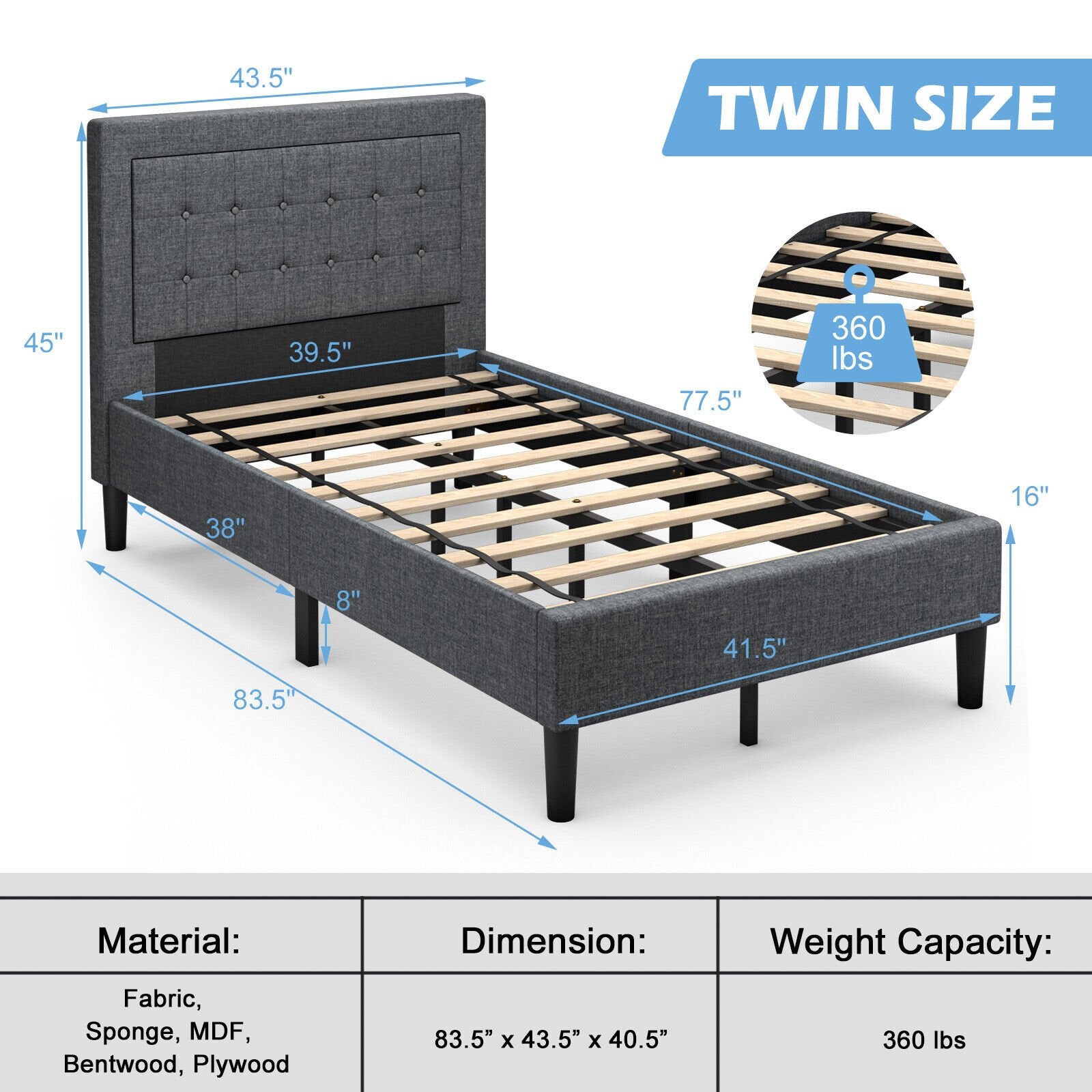 Twin Size Upholstered Bed Frame with Button Tufted Headboard, Black Simple Bed Frame   at Gallery Canada